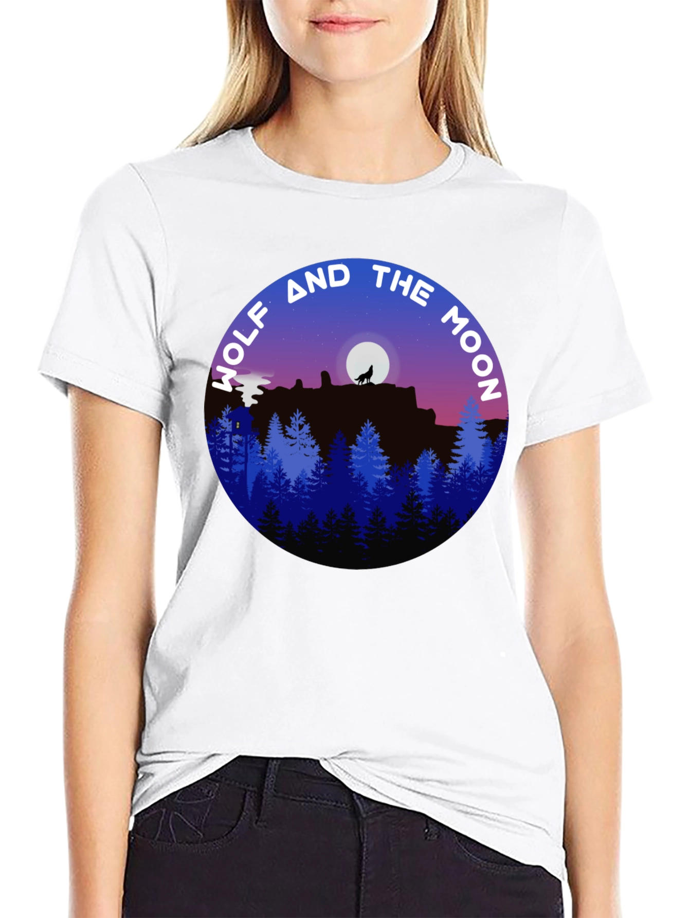 Wolf and Moon Graphic Tee - Black Cotton Shirt