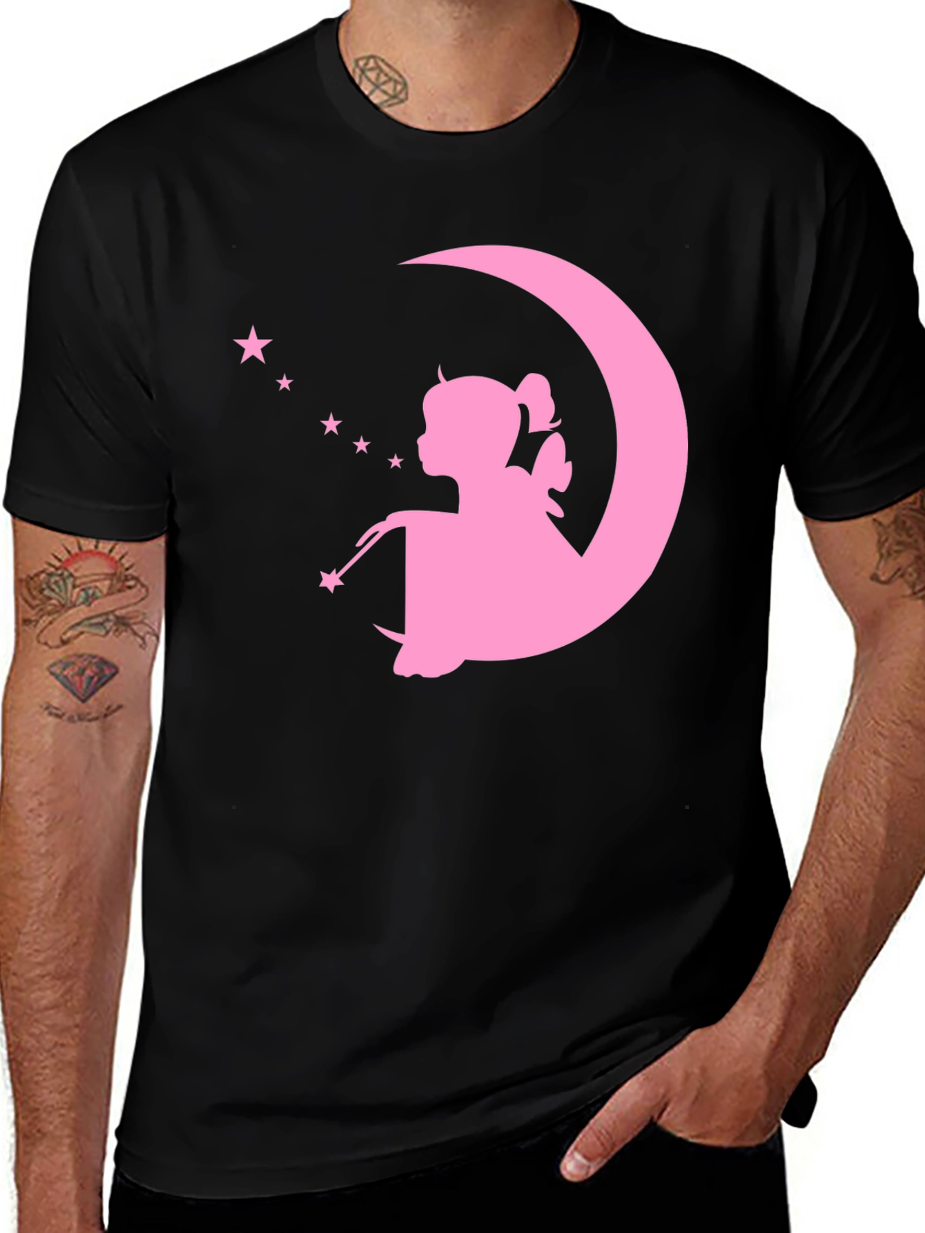 Magical Fairy Moon Graphic Tee - Black Cotton T-Shirt