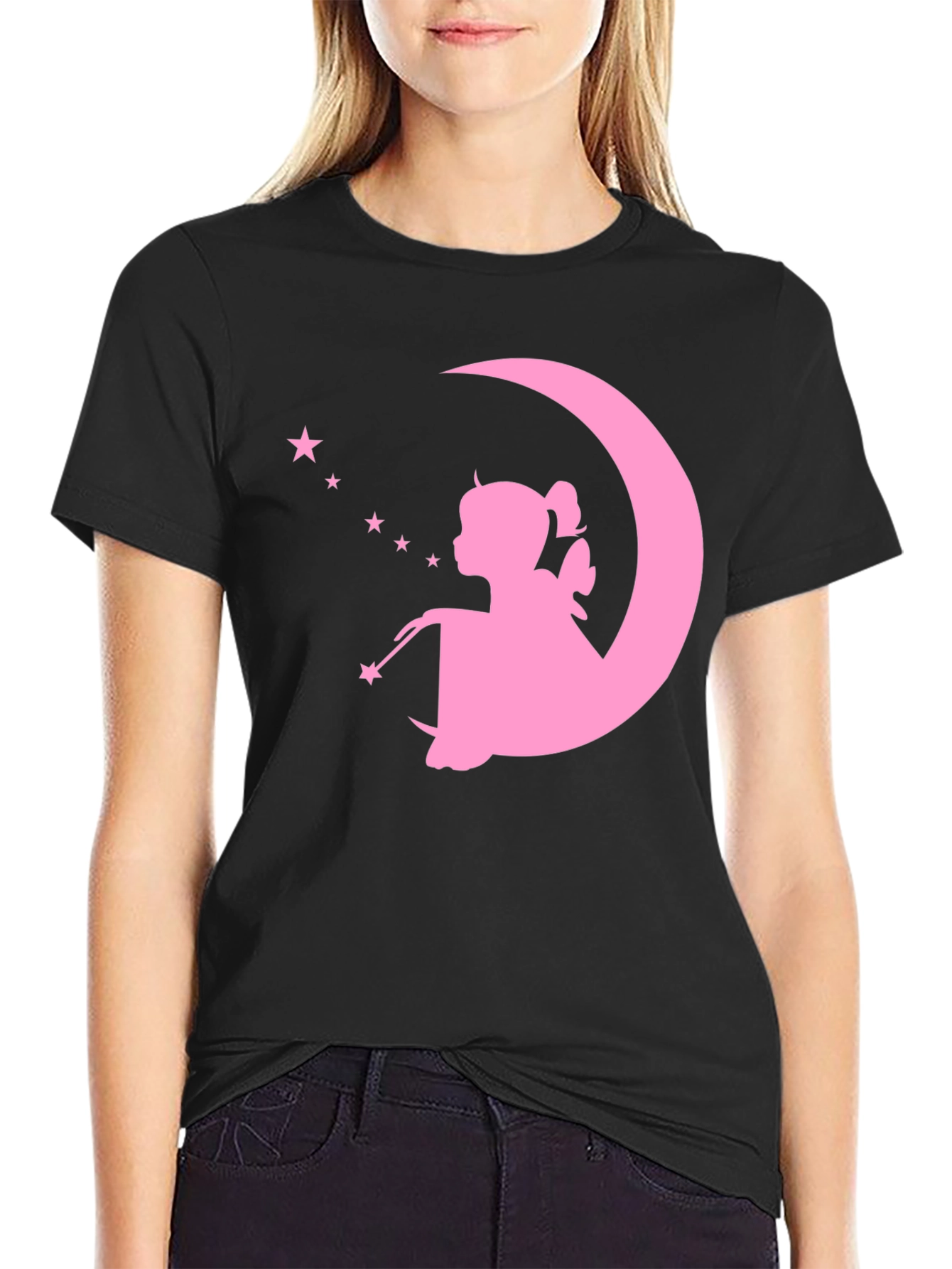 Magical Fairy Moon Graphic Tee - Black Cotton T-Shirt