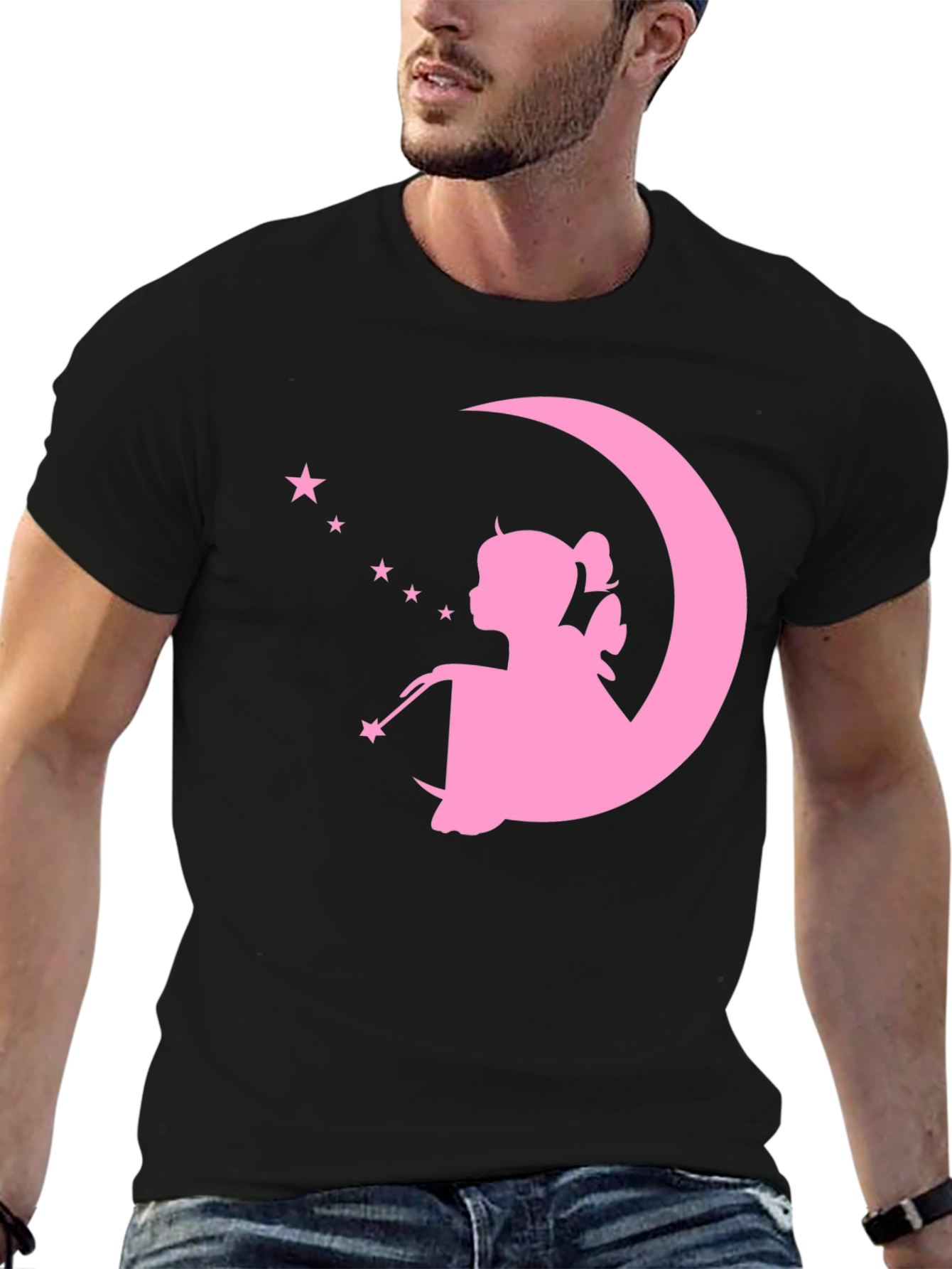 Magical Fairy Moon Graphic Tee - Black Cotton T-Shirt