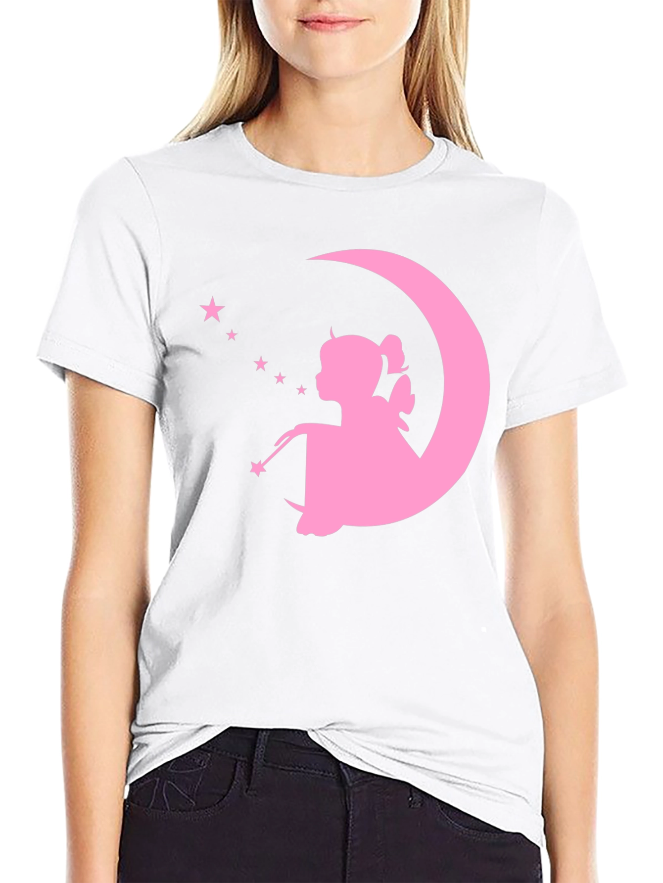 Magical Fairy Moon Graphic Tee - Black Cotton T-Shirt