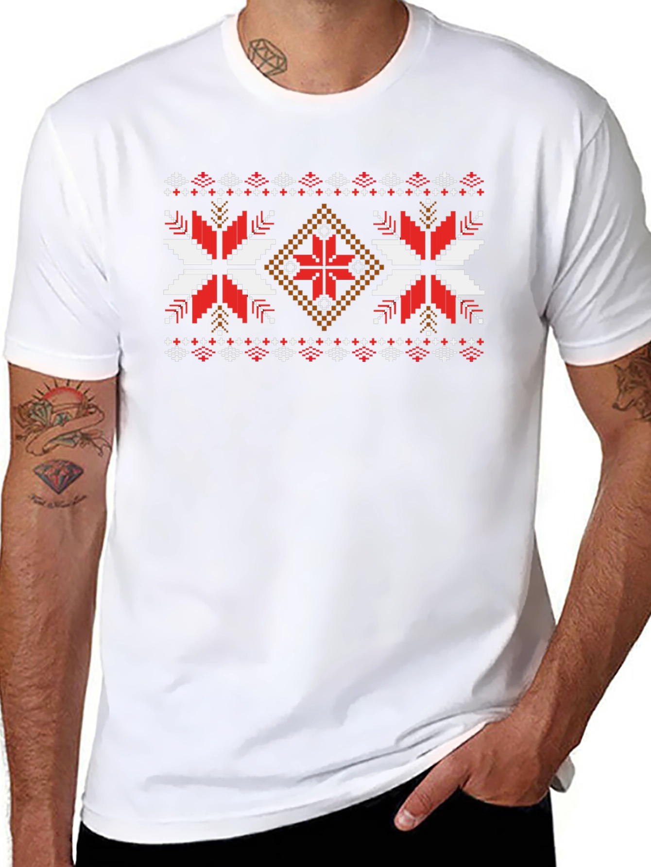 Pixel Art Pattern Tee - Red & White Design