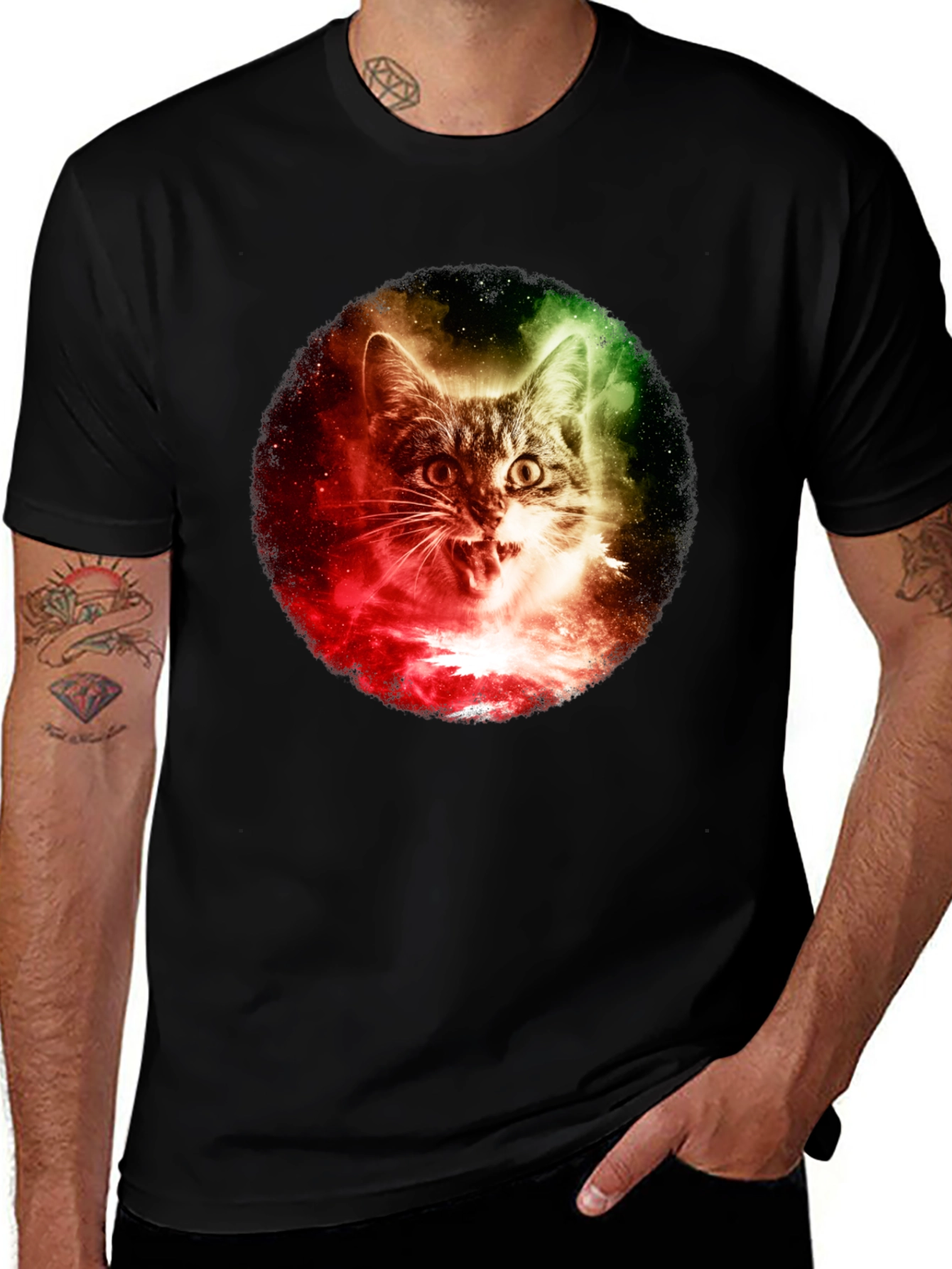 Cosmic Cat Graphic T-Shirt - Black