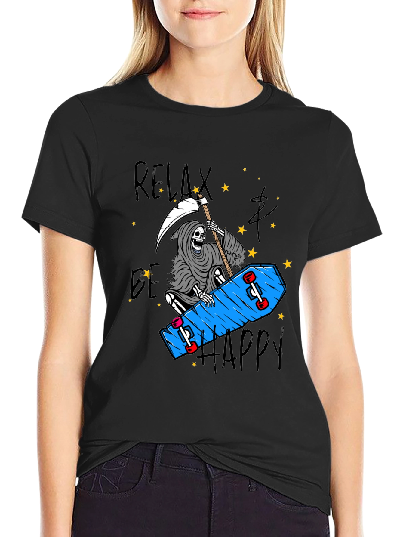 Relax Be Happy Graphic Tee - Skateboard Reaper T-Shirt