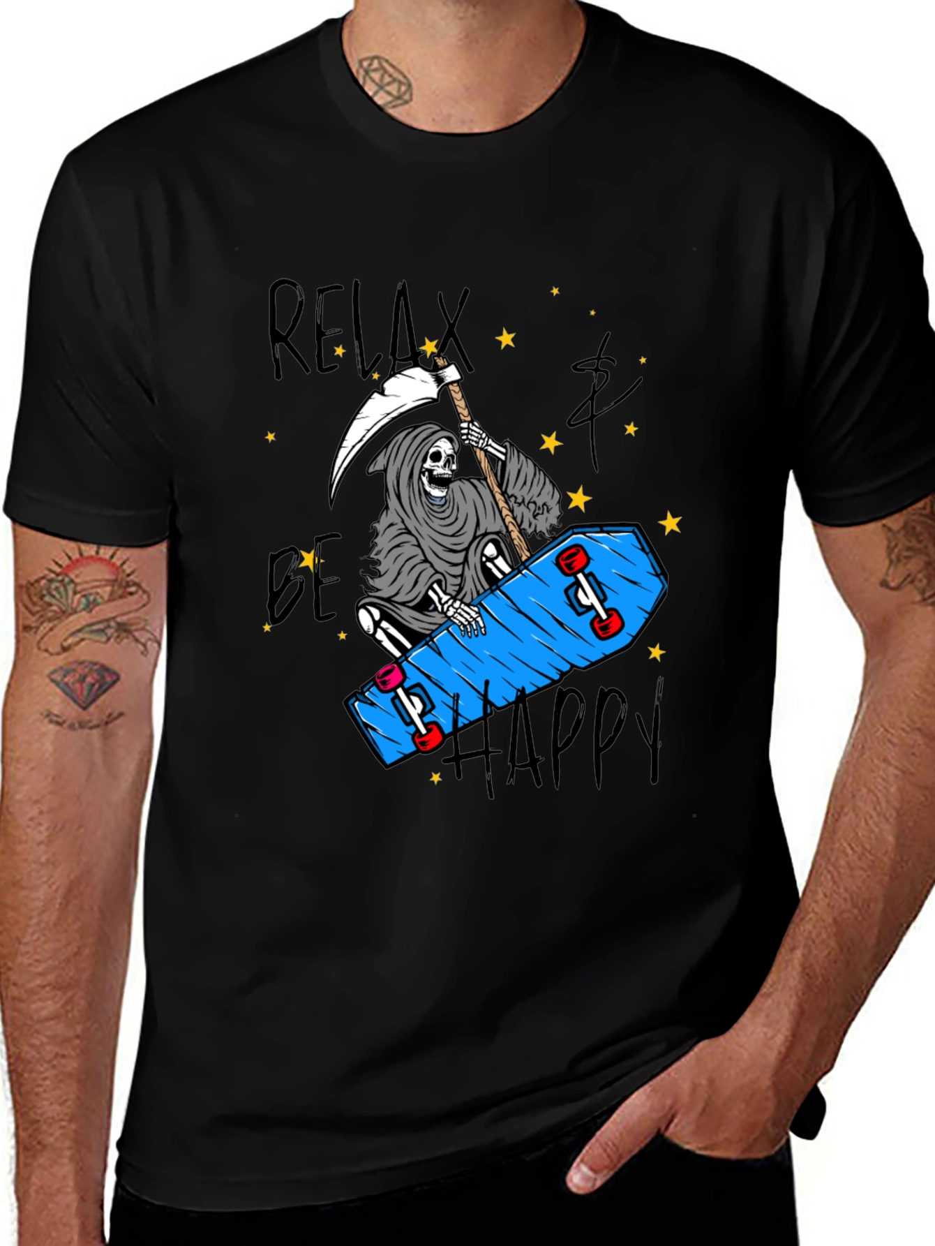 Relax Be Happy Graphic Tee - Skateboard Reaper T-Shirt
