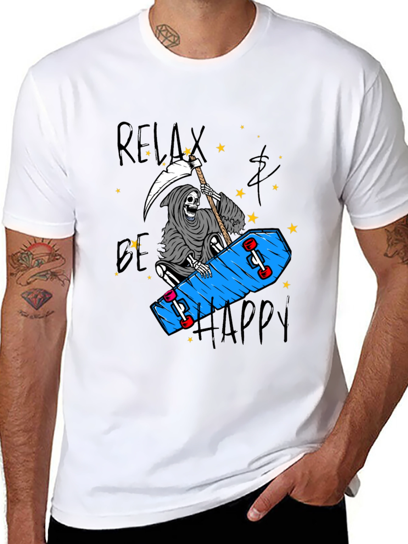Relax Be Happy Graphic Tee - Skateboard Reaper T-Shirt