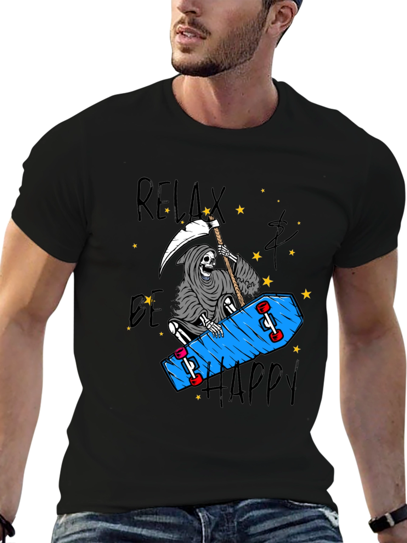 Relax Be Happy Graphic Tee - Skateboard Reaper T-Shirt