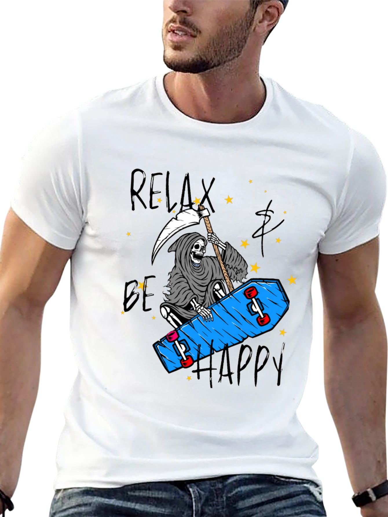 Relax Be Happy Graphic Tee - Skateboard Reaper T-Shirt