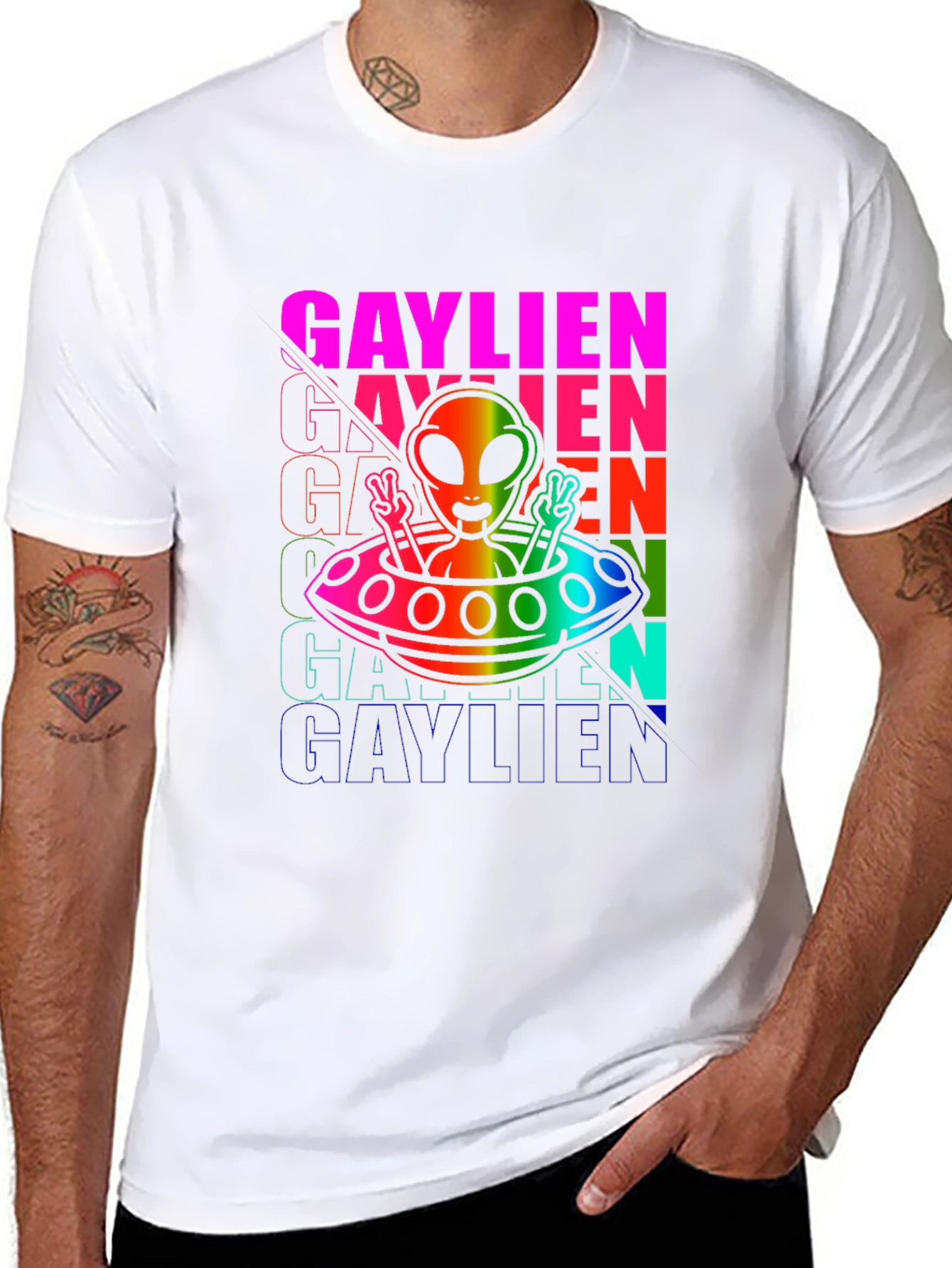 Gaylien Pride T-Shirt - Rainbow Alien UFO Design