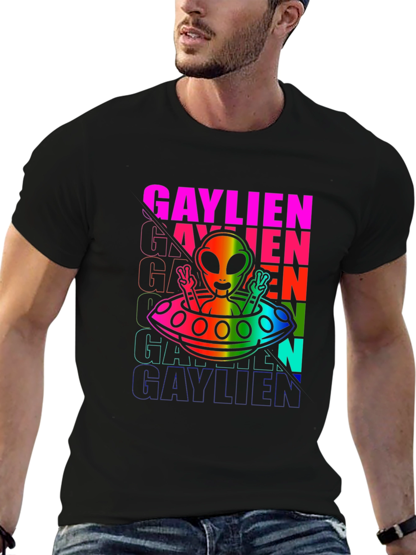 Gaylien Pride T-Shirt - Rainbow Alien UFO Design