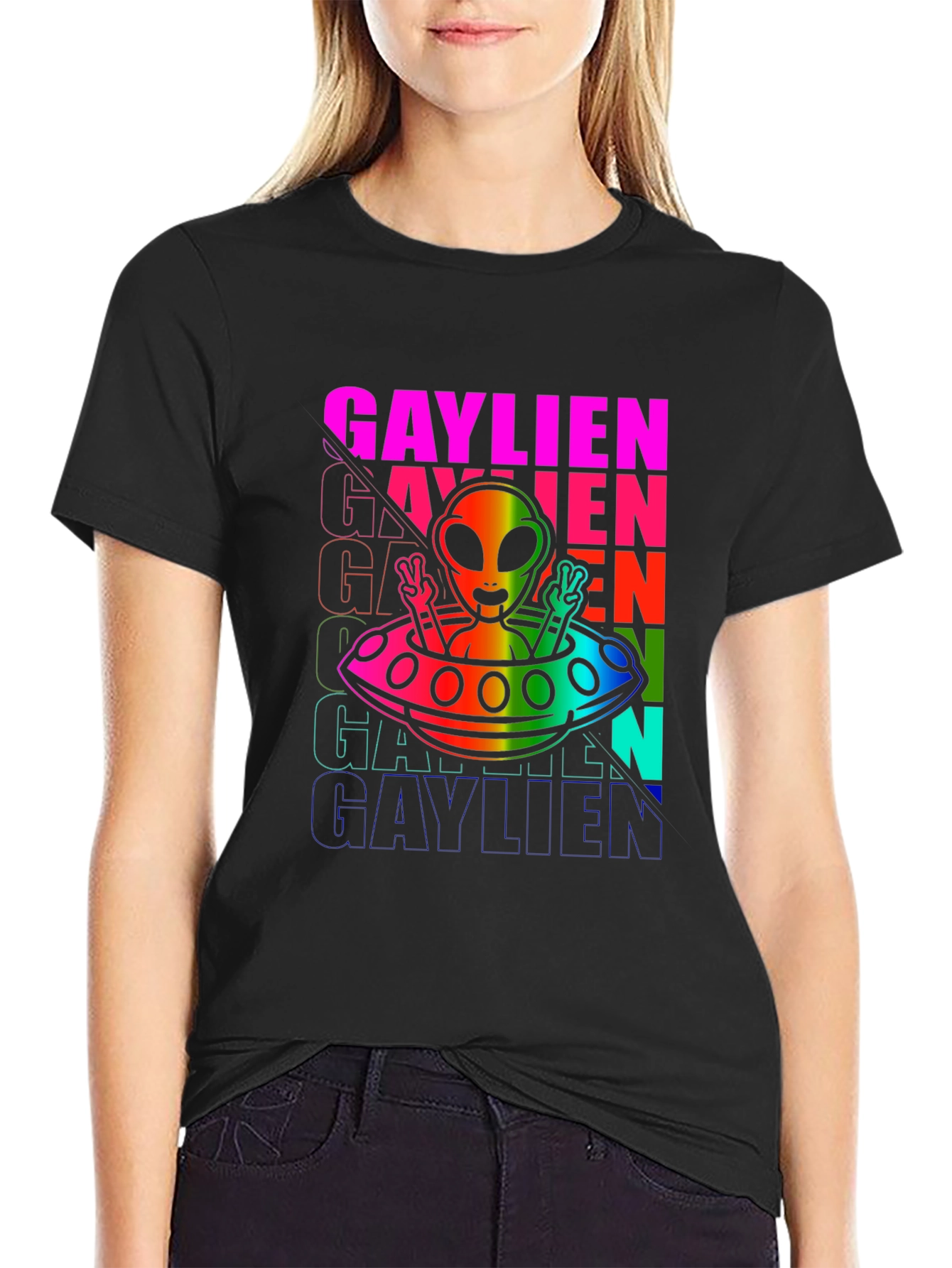 Gaylien Pride T-Shirt - Rainbow Alien UFO Design