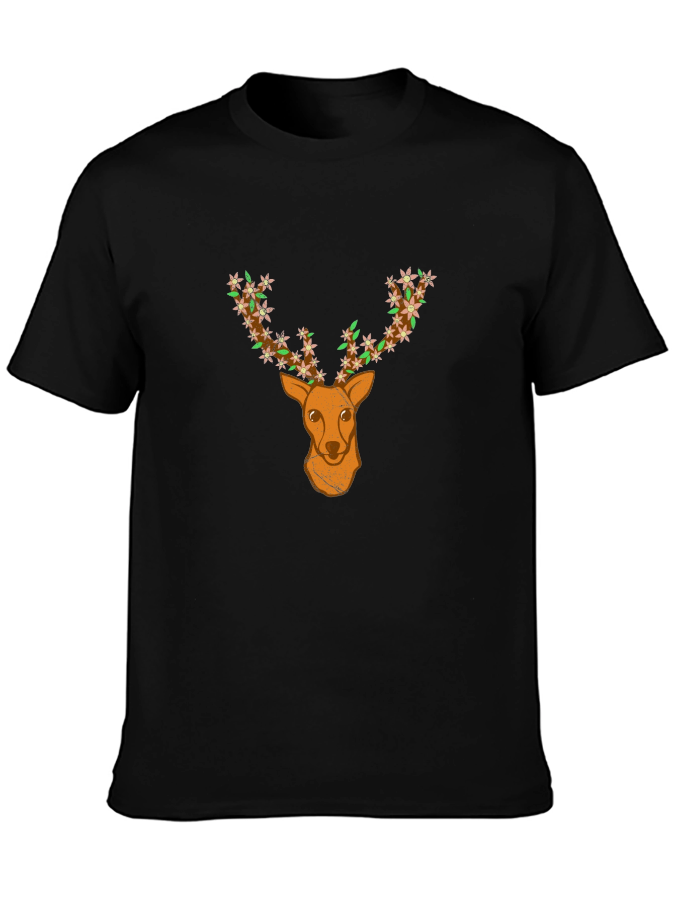Floral Deer Head Graphic Black T-Shirt