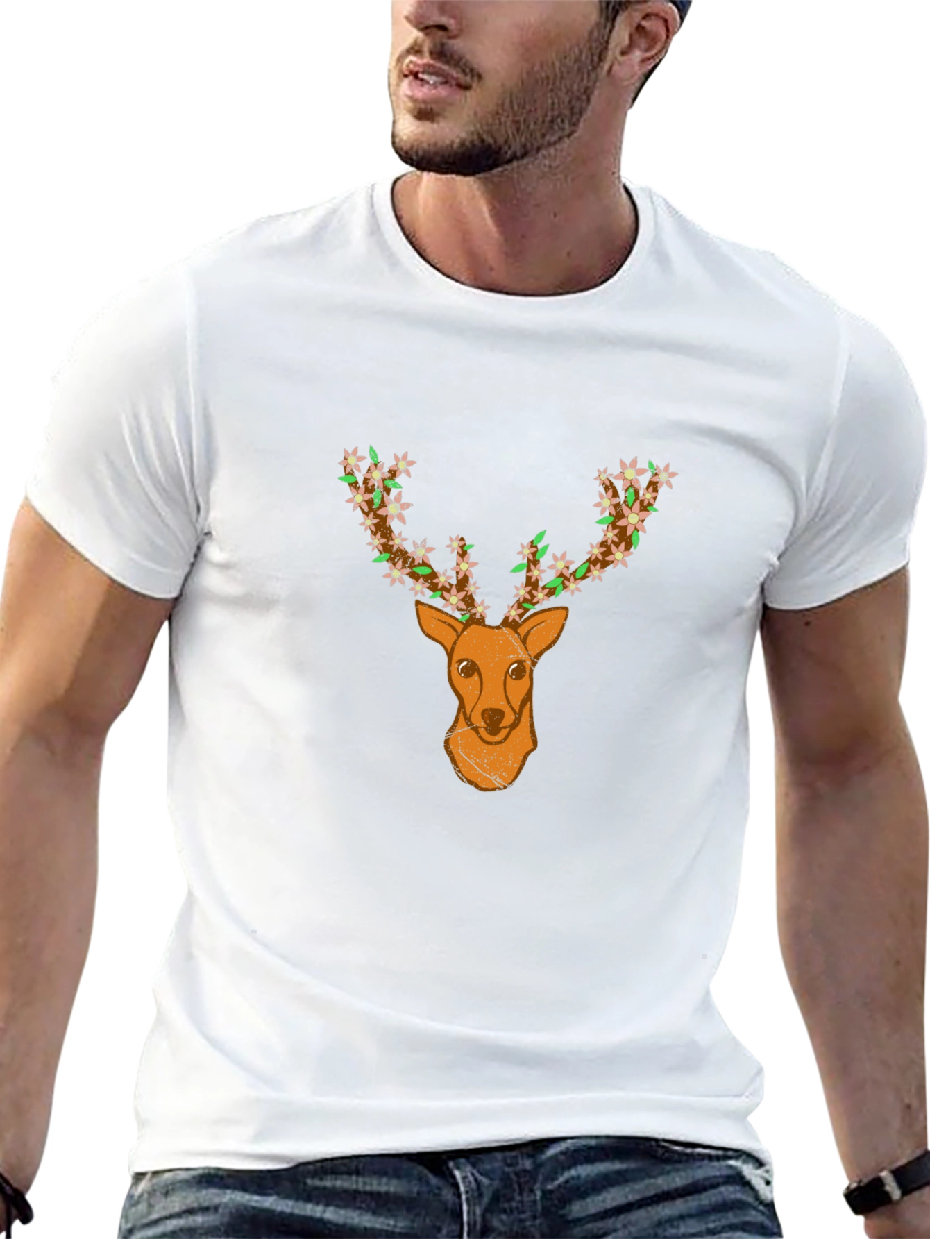 Floral Deer Head Graphic Black T-Shirt