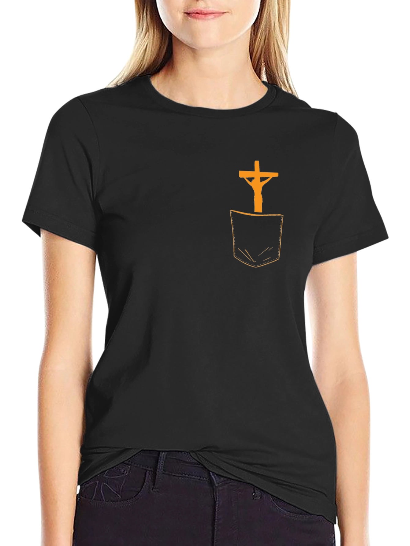 Cross in Pocket Graphic T-Shirt - Religious Tee