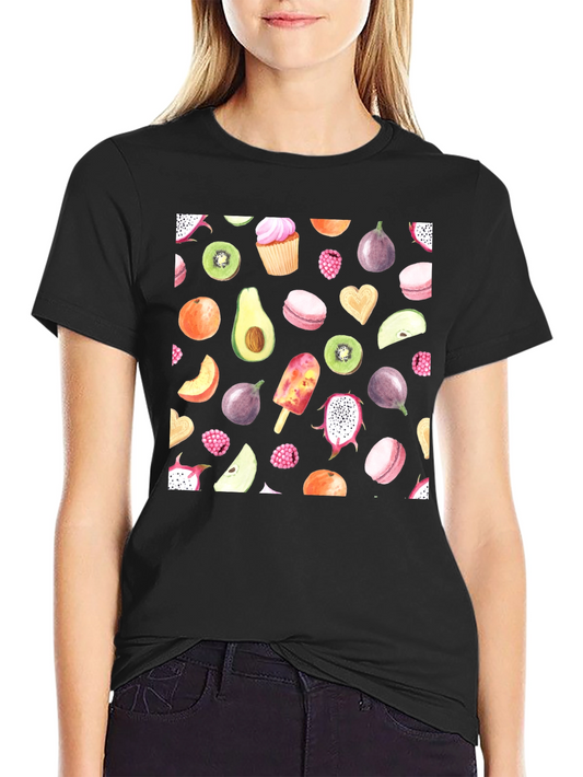 Fruit Print Black Casual T-Shirt