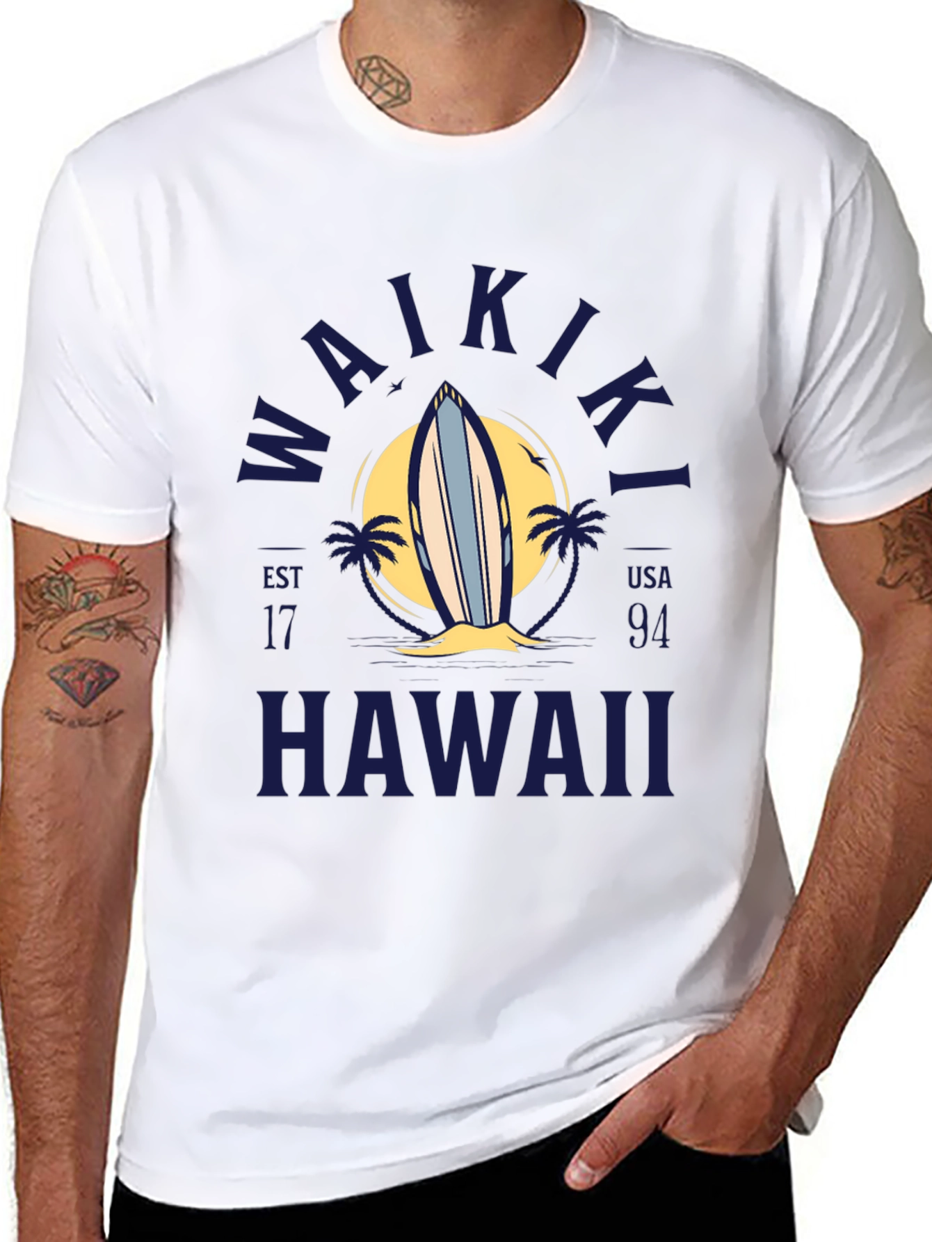 Waikiki Hawaii Surfboard Graphic T-Shirt