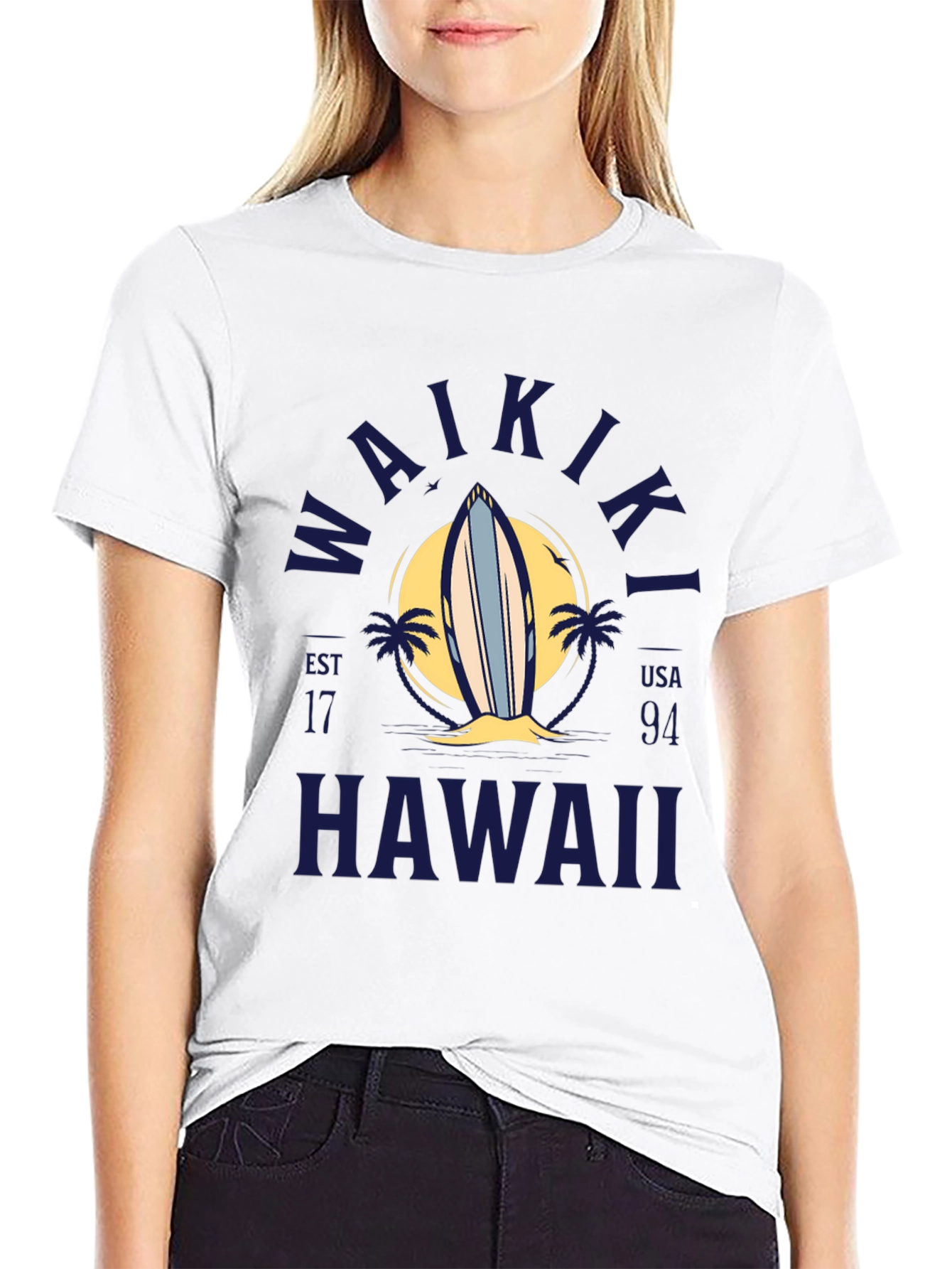 Waikiki Hawaii Surfboard Graphic T-Shirt
