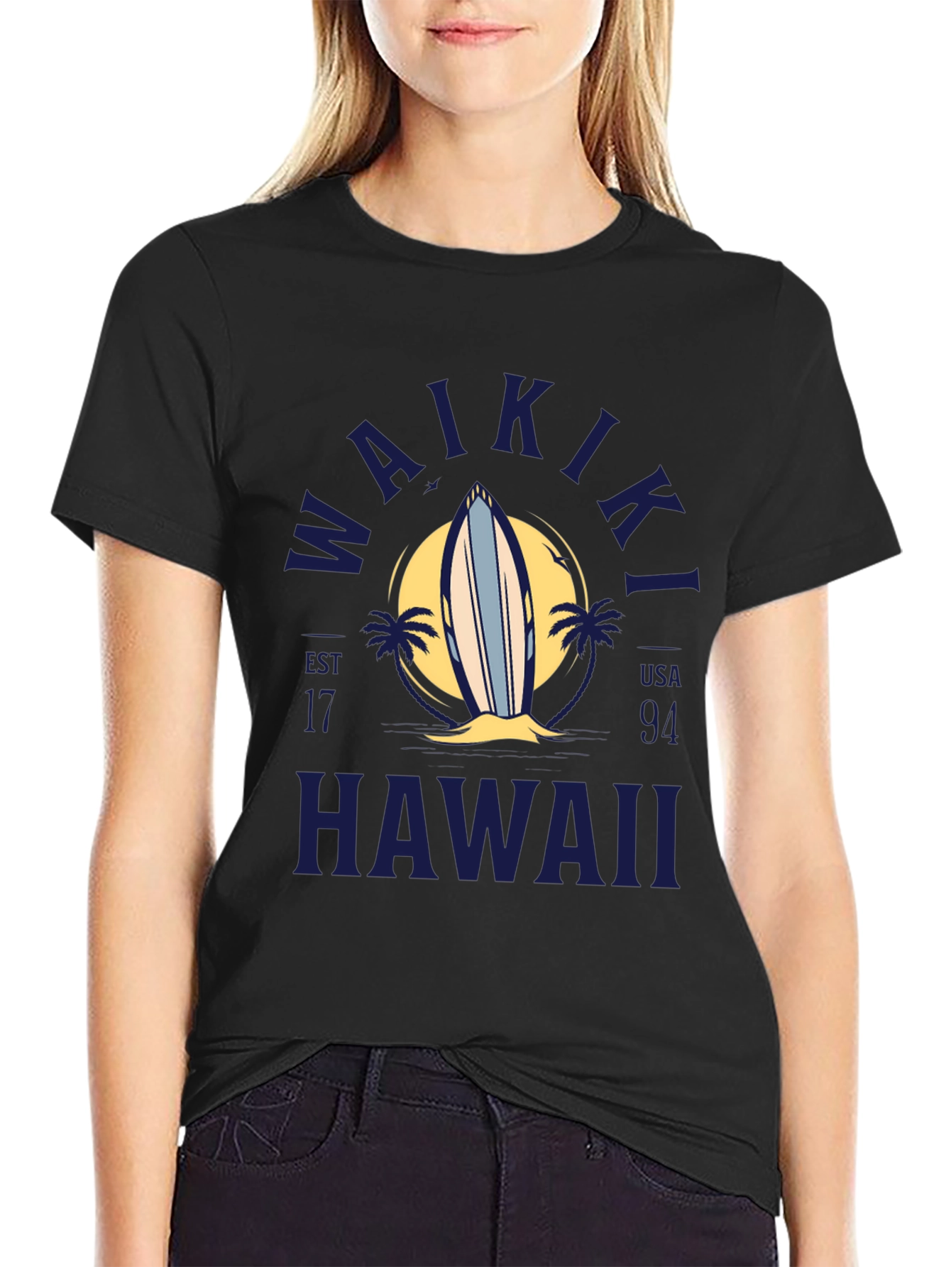 Waikiki Hawaii Surfboard Graphic T-Shirt