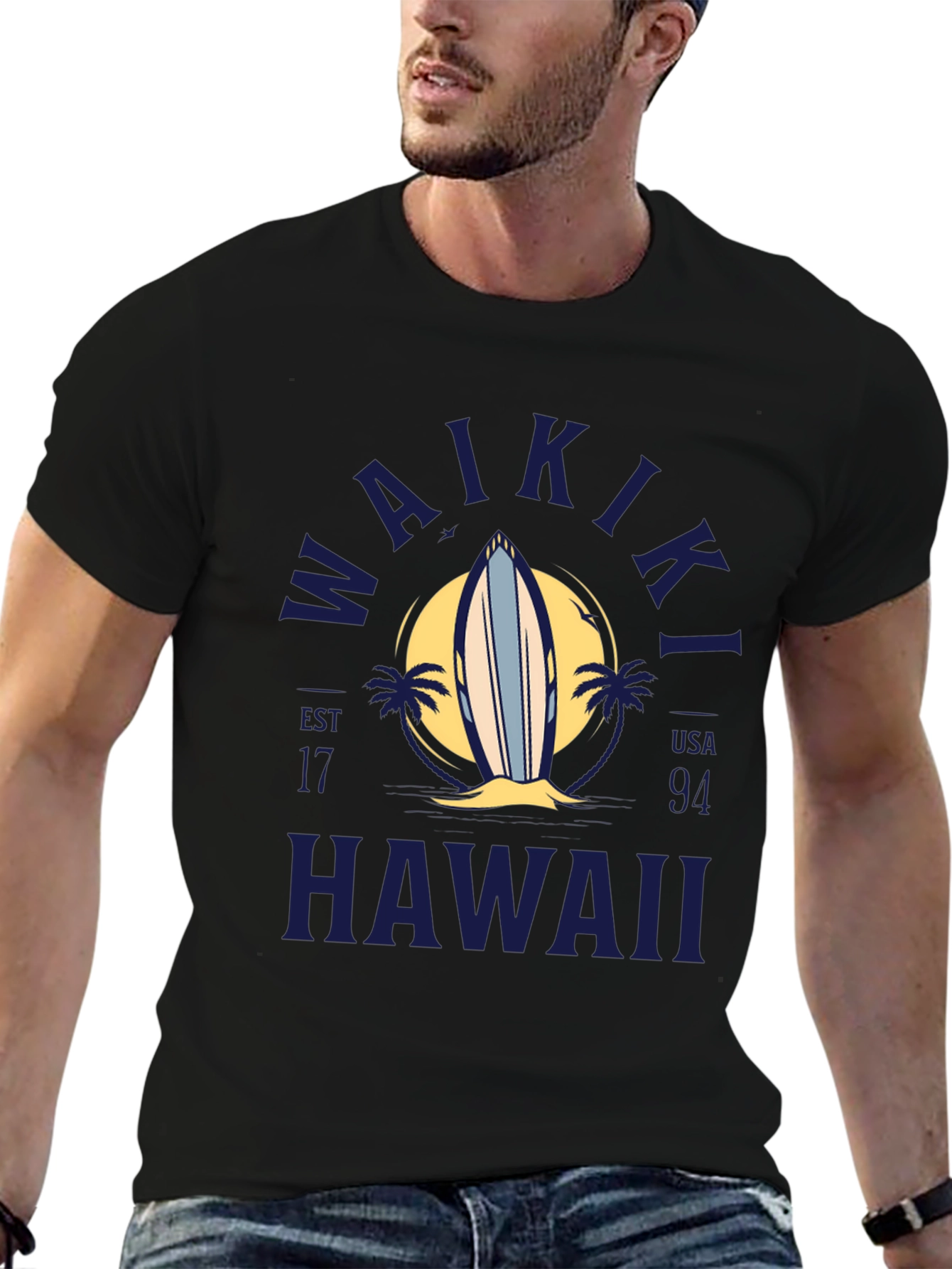 Waikiki Hawaii Surfboard Graphic T-Shirt