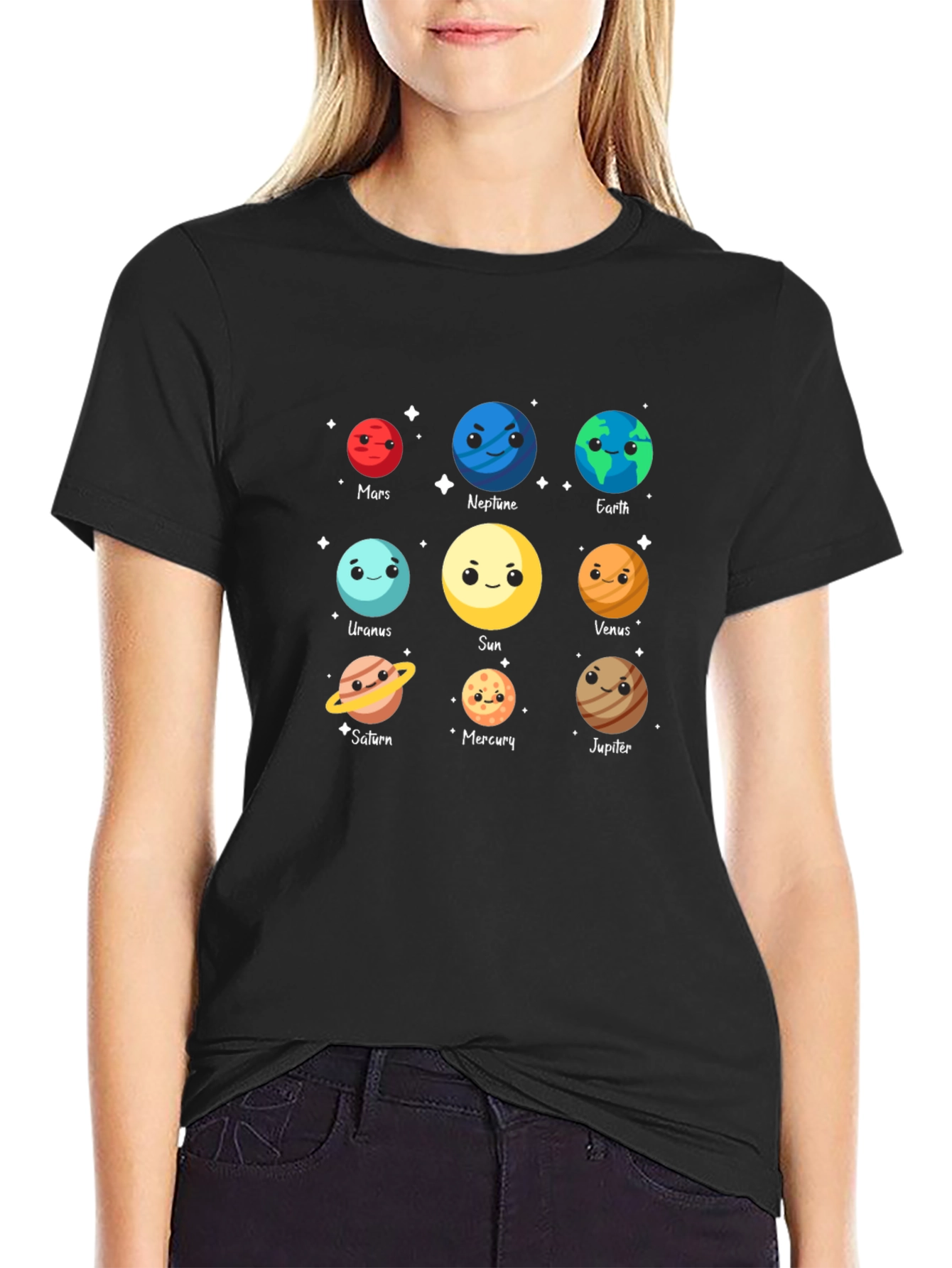 Cartoon Planets Graphic Black T-Shirt
