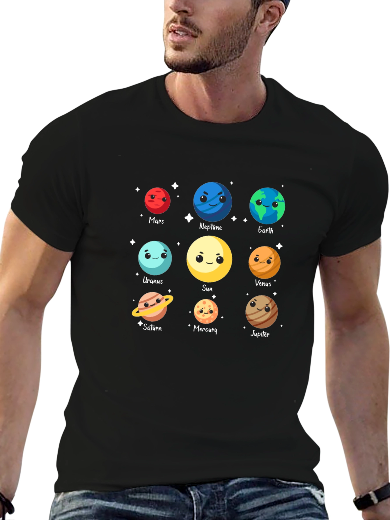 Cartoon Planets Graphic Black T-Shirt