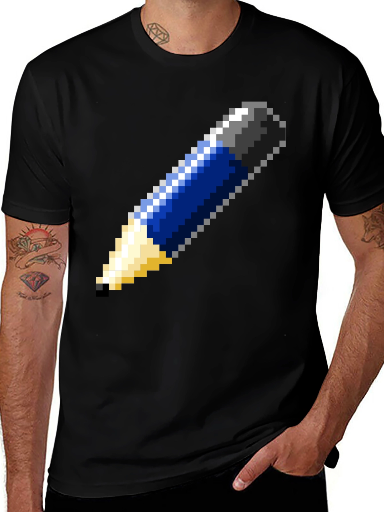 Pixel Art Pencil Graphic Tee - Black Cotton T-Shirt