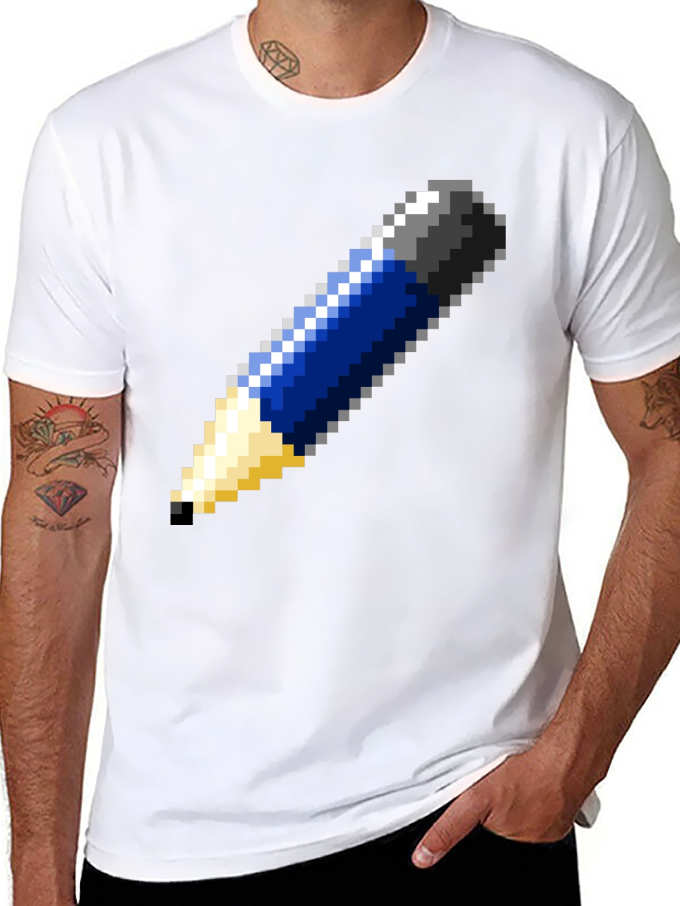 Pixel Art Pencil Graphic Tee - Black Cotton T-Shirt