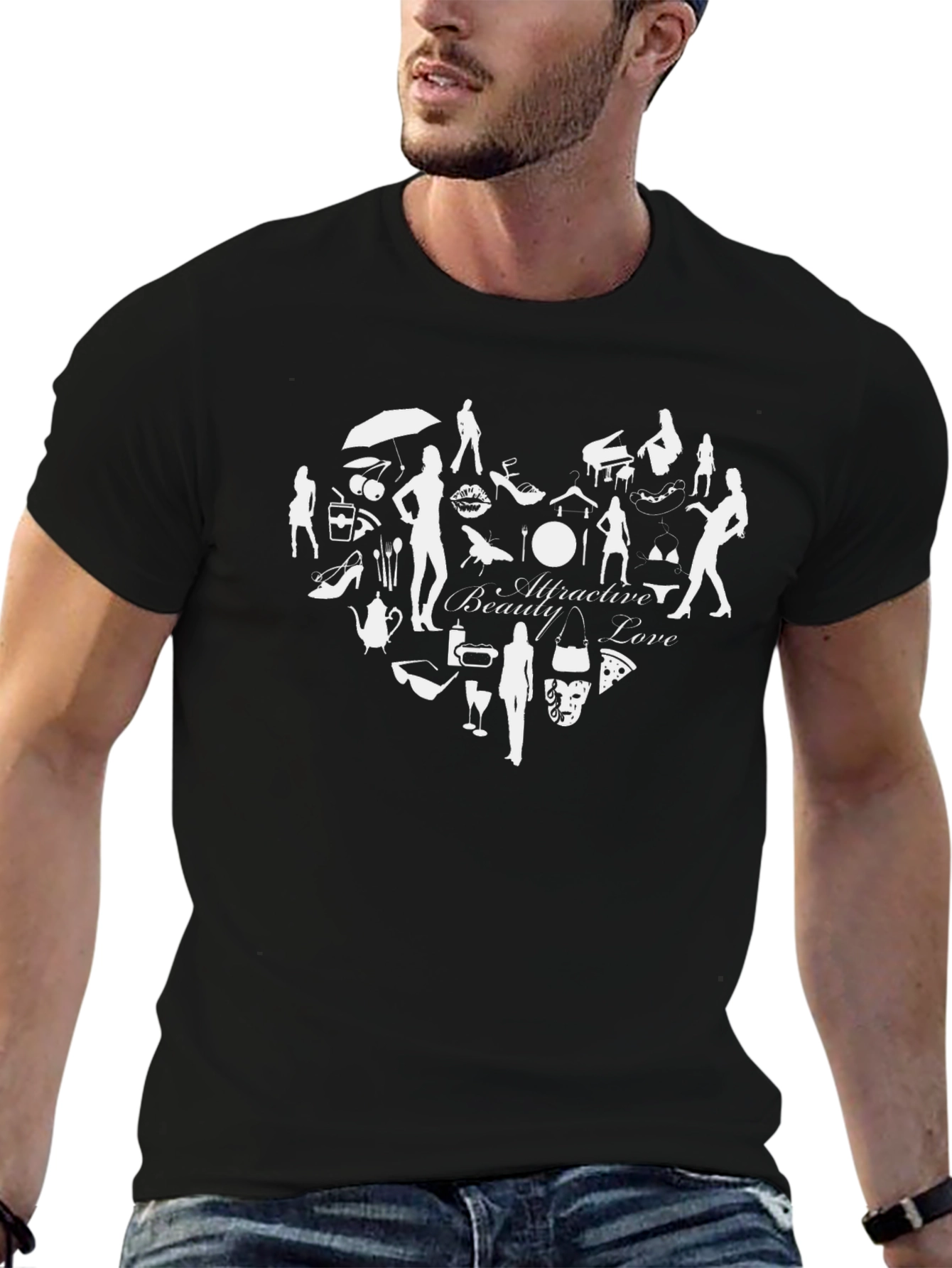 Attractive Beauty Love Heart Design Black T-Shirt
