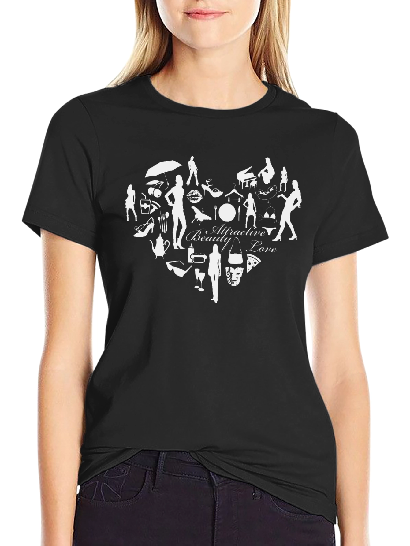 Attractive Beauty Love Heart Design Black T-Shirt