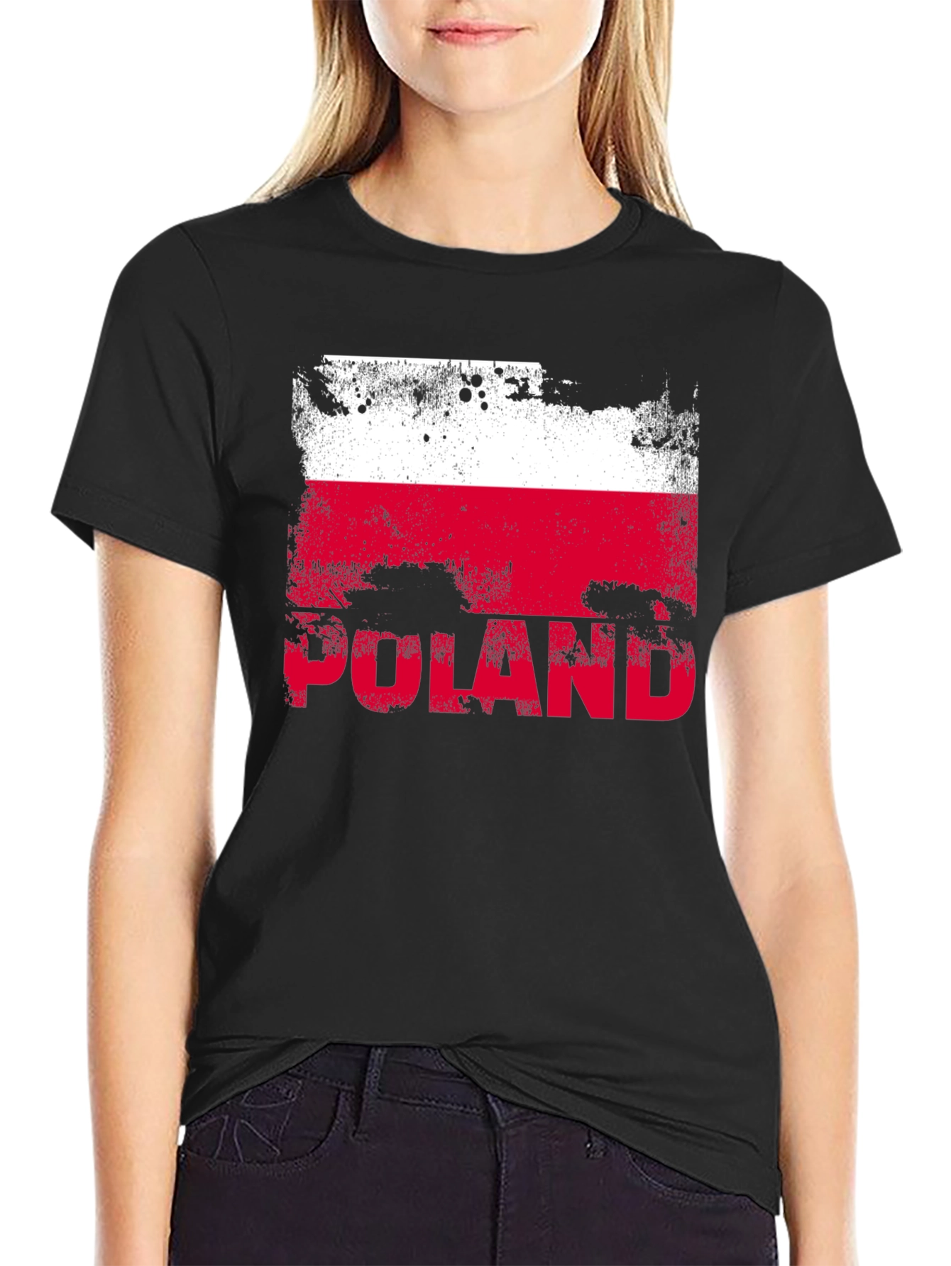 Poland Flag Distressed Graphic T-Shirt - Black