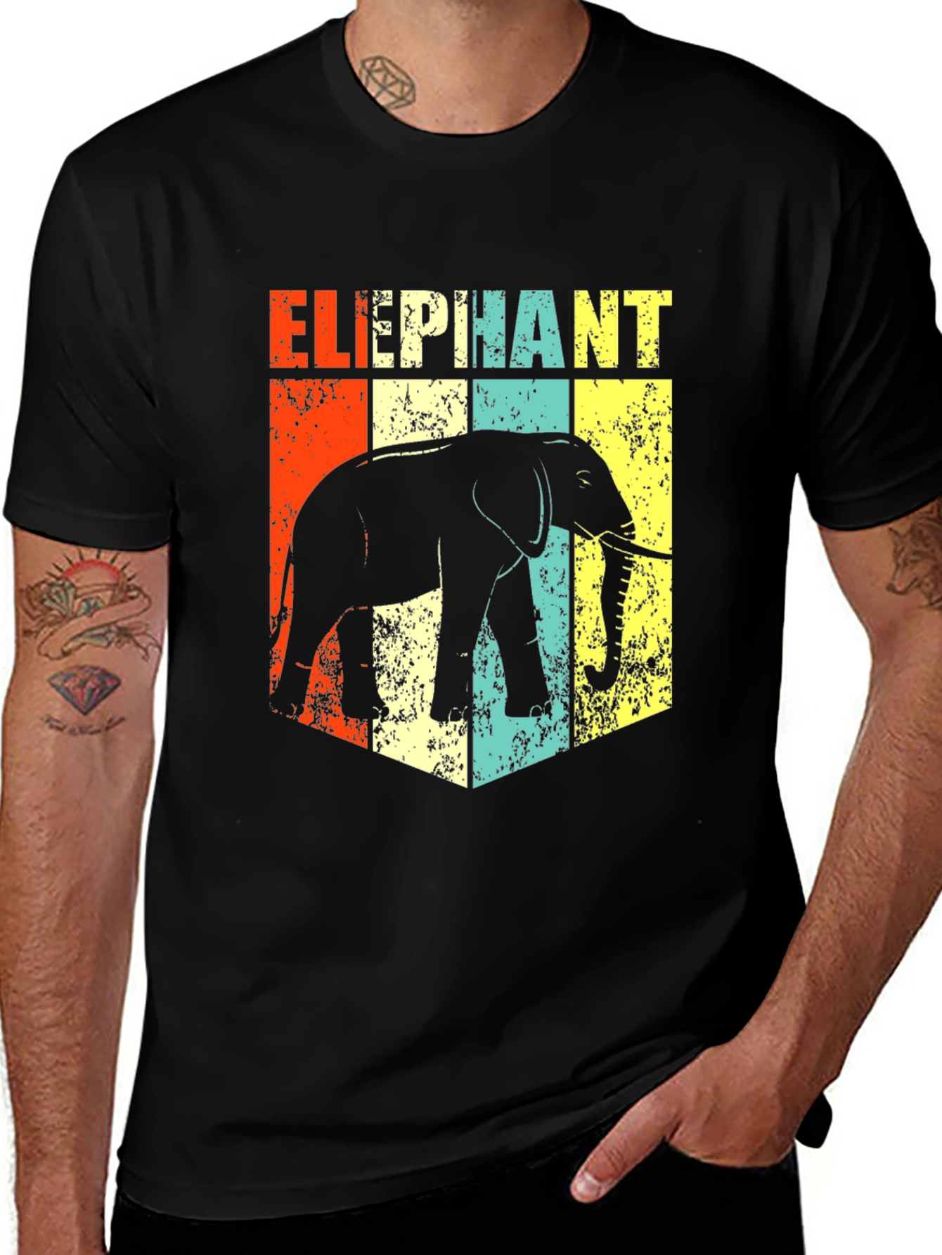 Retro Elephant Graphic Print Black T-Shirt