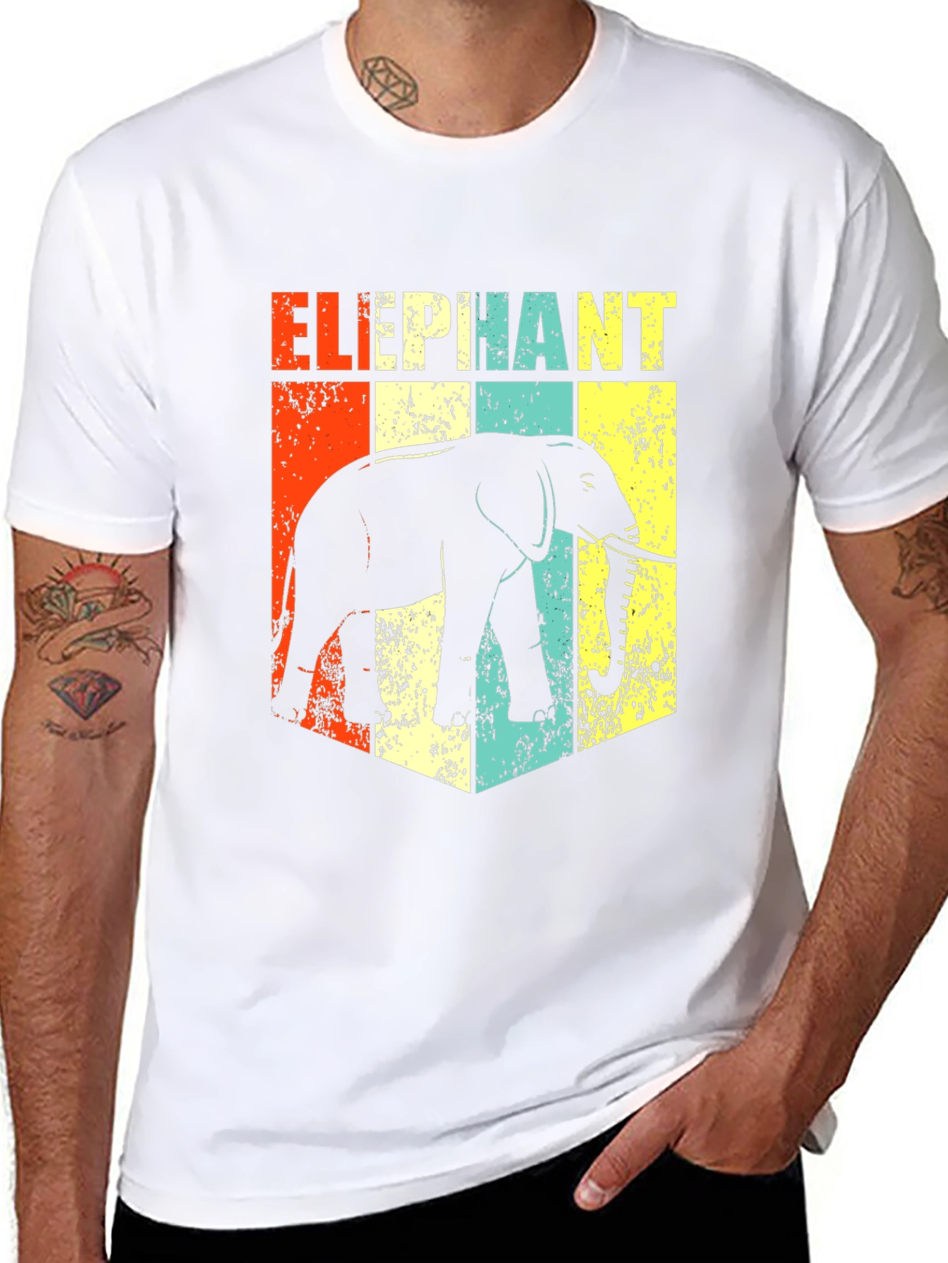 Retro Elephant Graphic Print Black T-Shirt
