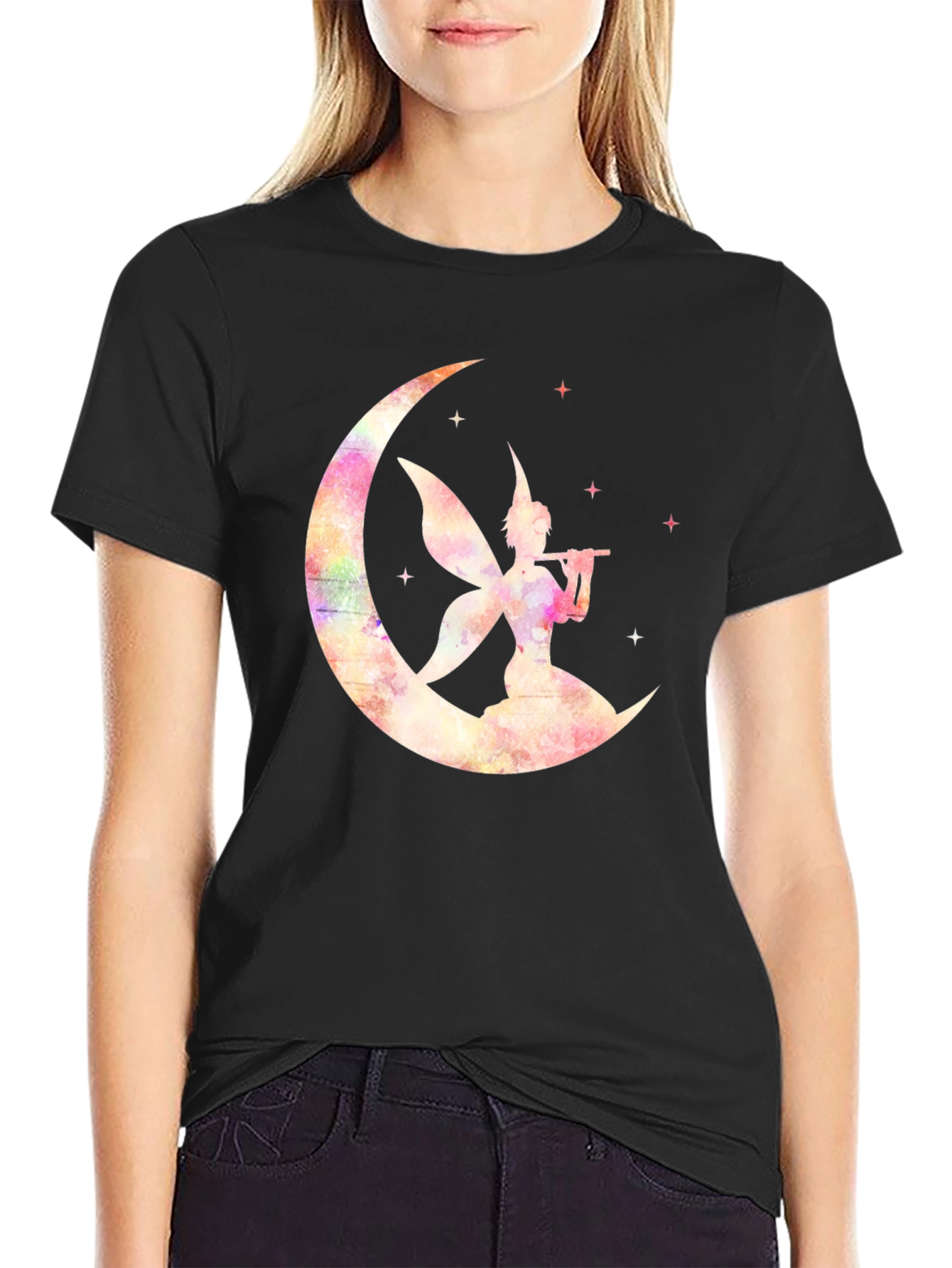 Whimsical Fairy on Moon Graphic T-Shirt
