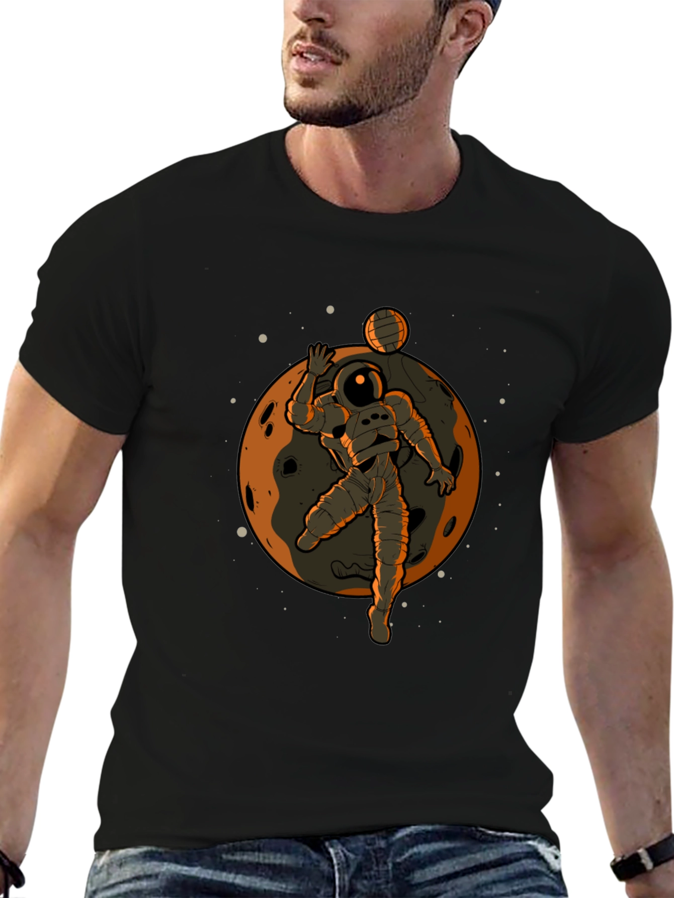 Astronaut Volleyball Graphic Tee - Black Cotton T-Shirt