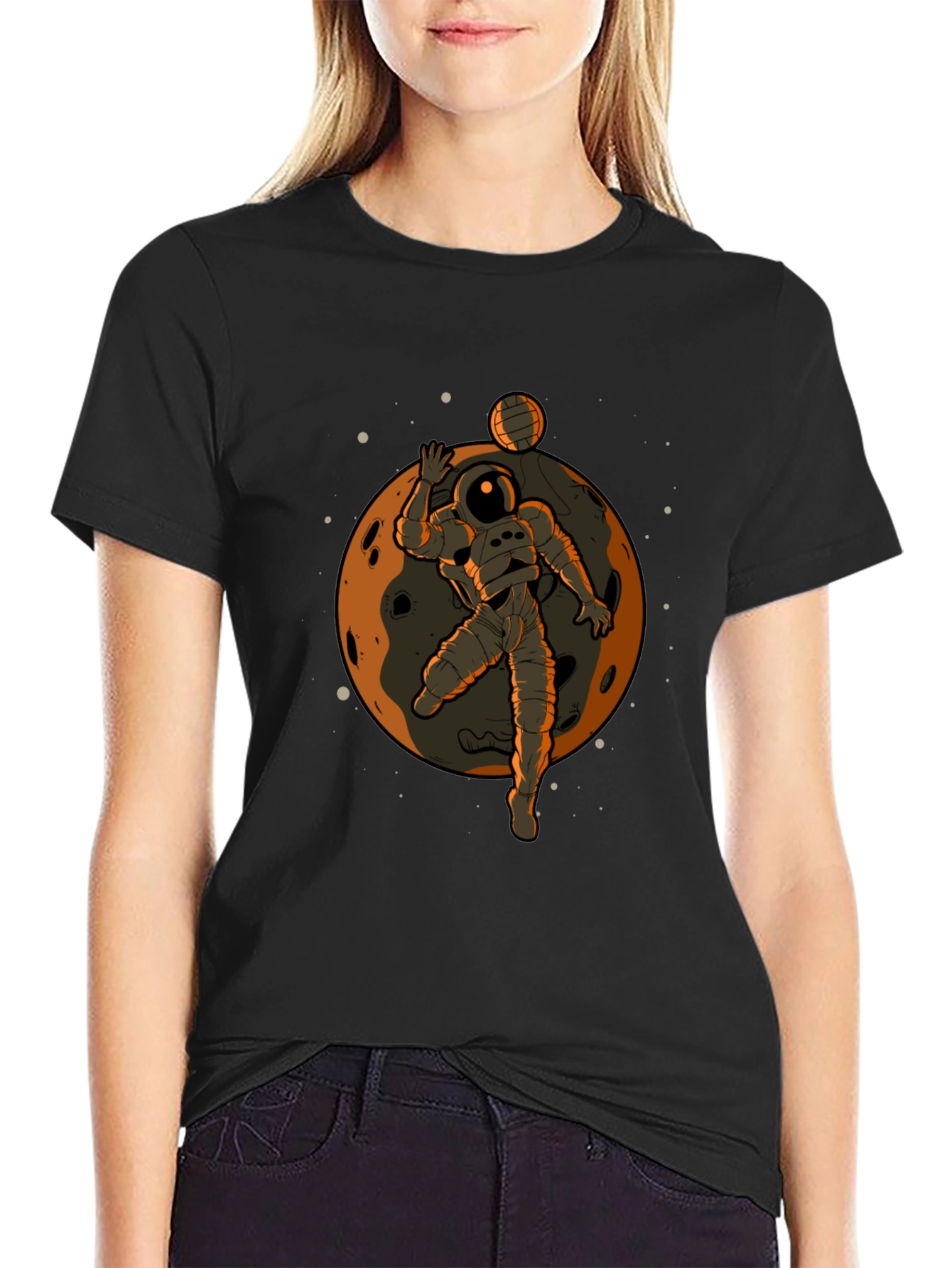 Astronaut Volleyball Graphic Tee - Black Cotton T-Shirt