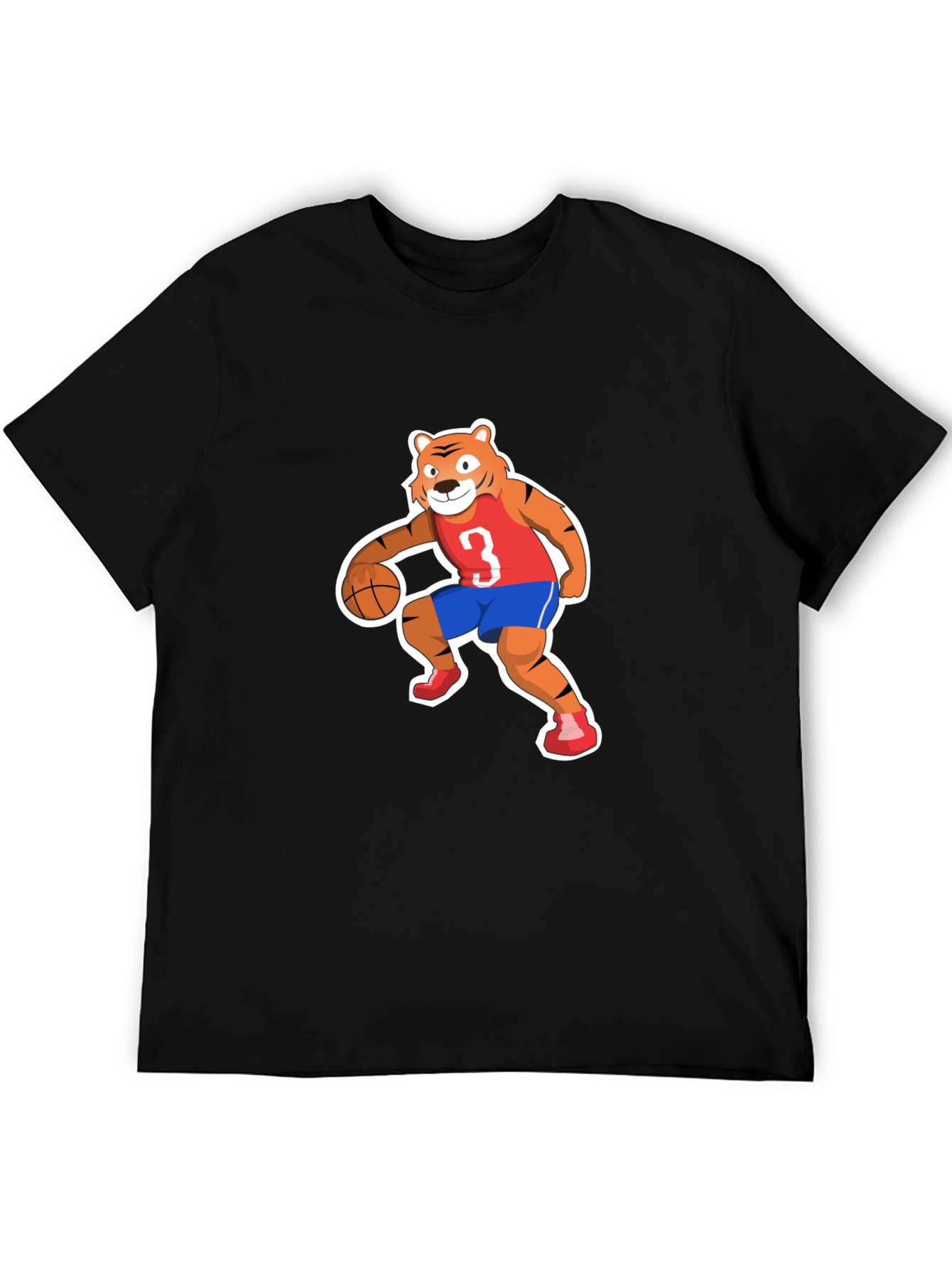 Cartoon Tiger Basketball Player Black T-shirt