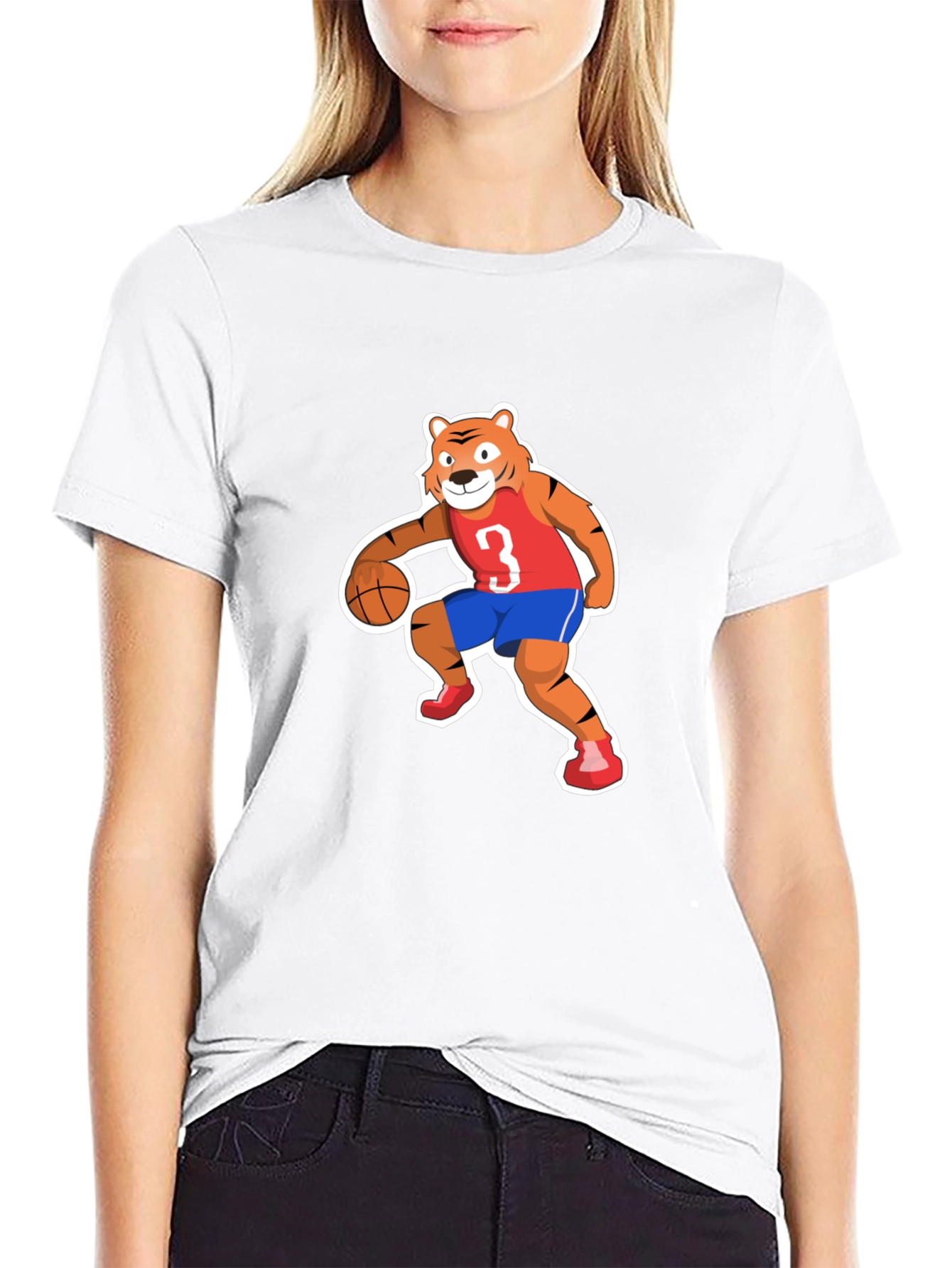 Cartoon Tiger Basketball Player Black T-shirt