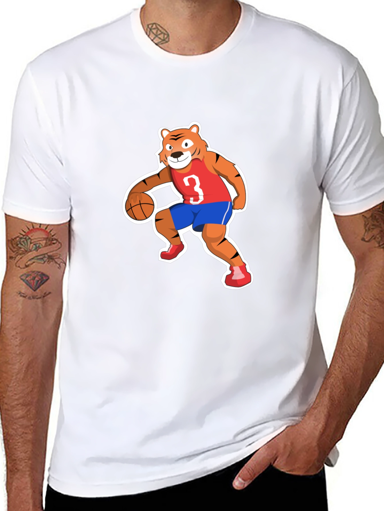 Cartoon Tiger Basketball Player Black T-shirt