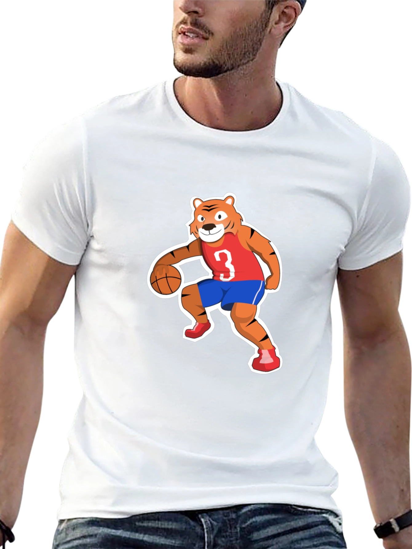 Cartoon Tiger Basketball Player Black T-shirt