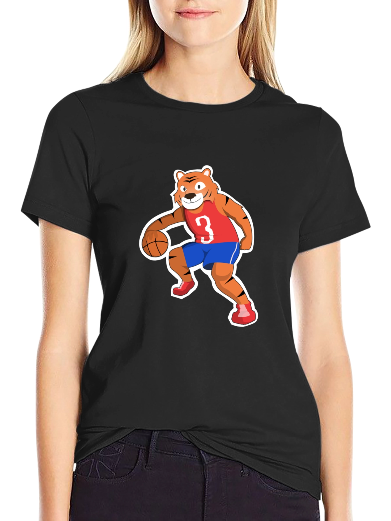 Cartoon Tiger Basketball Player Black T-shirt