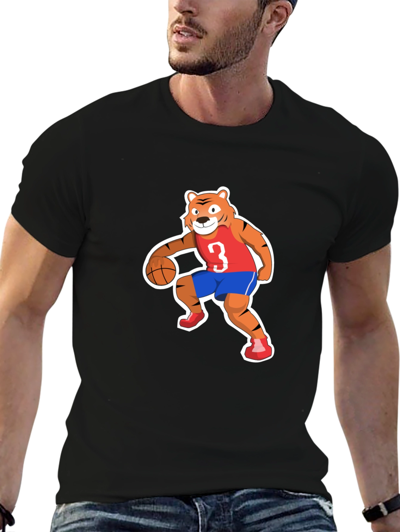 Cartoon Tiger Basketball Player Black T-shirt