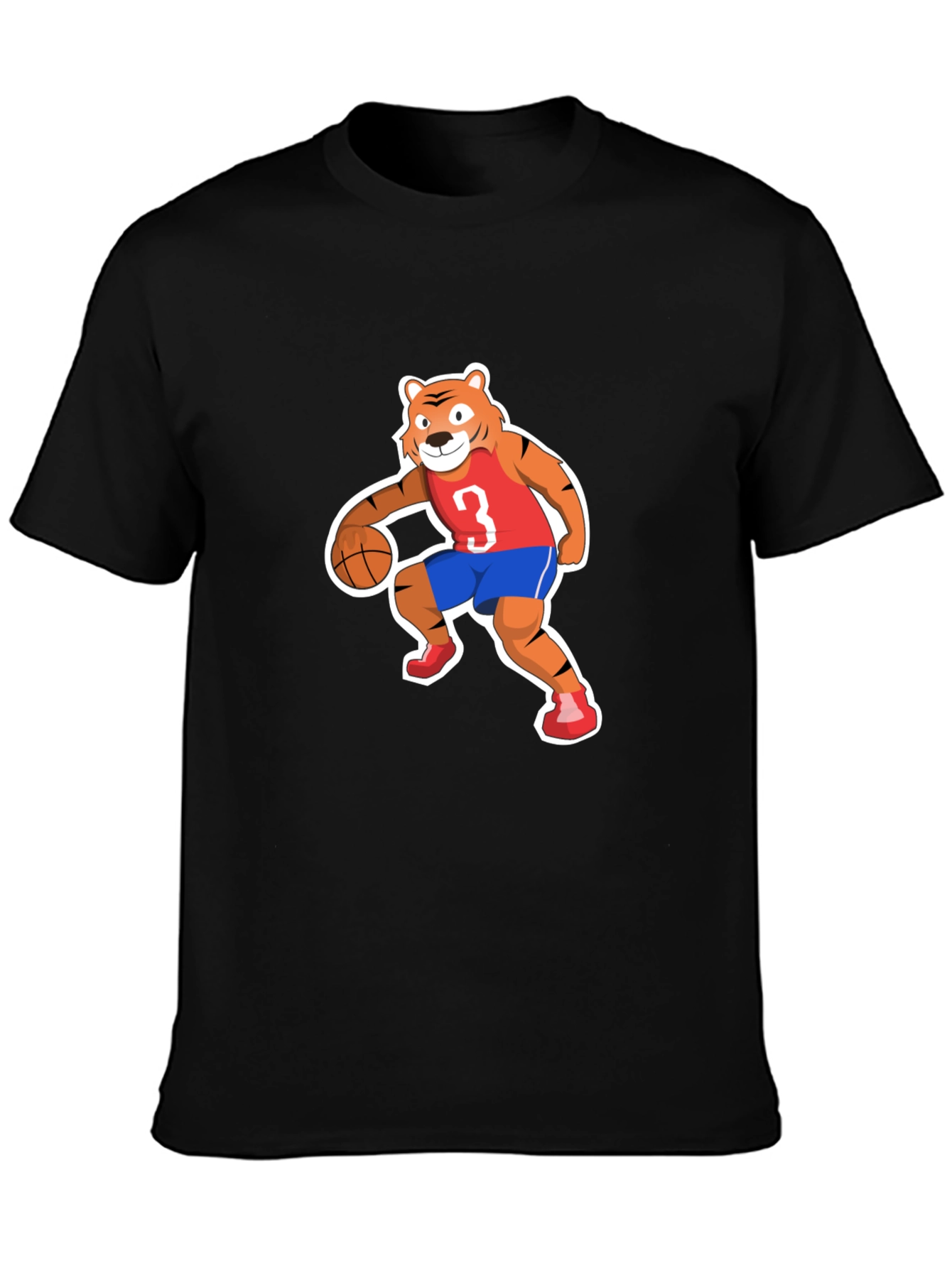 Cartoon Tiger Basketball Player Black T-shirt