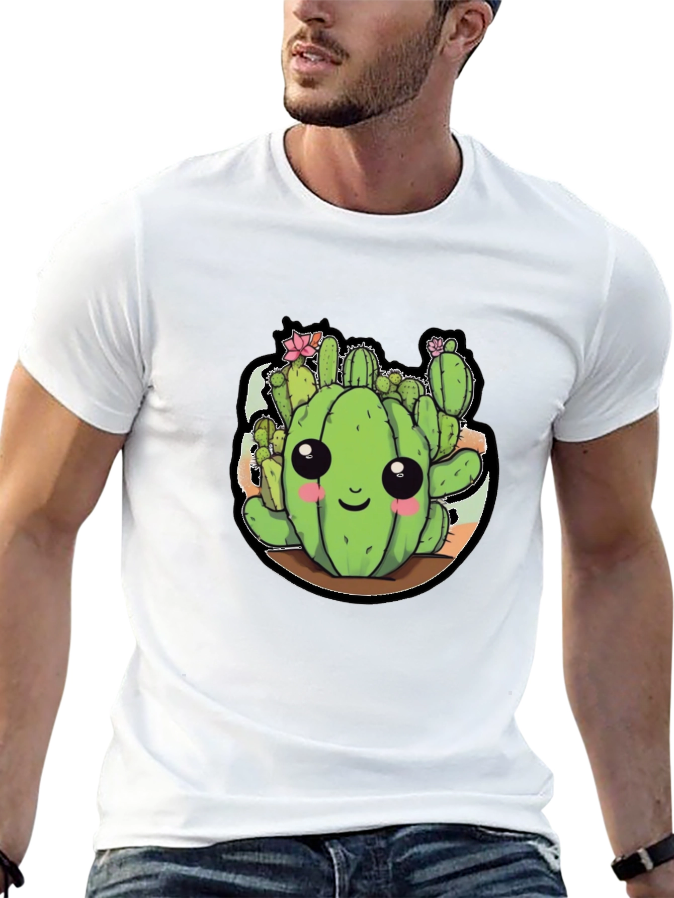 Cute Cactus Cartoon Black T-Shirt