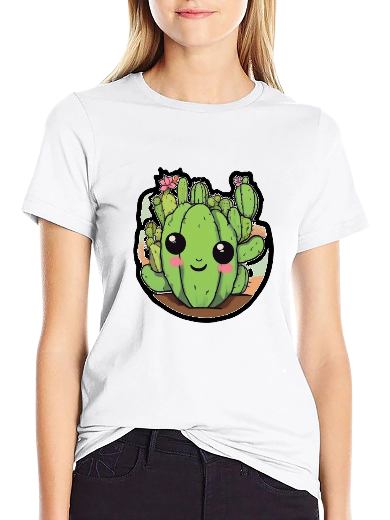 Cute Cactus Cartoon Black T-Shirt
