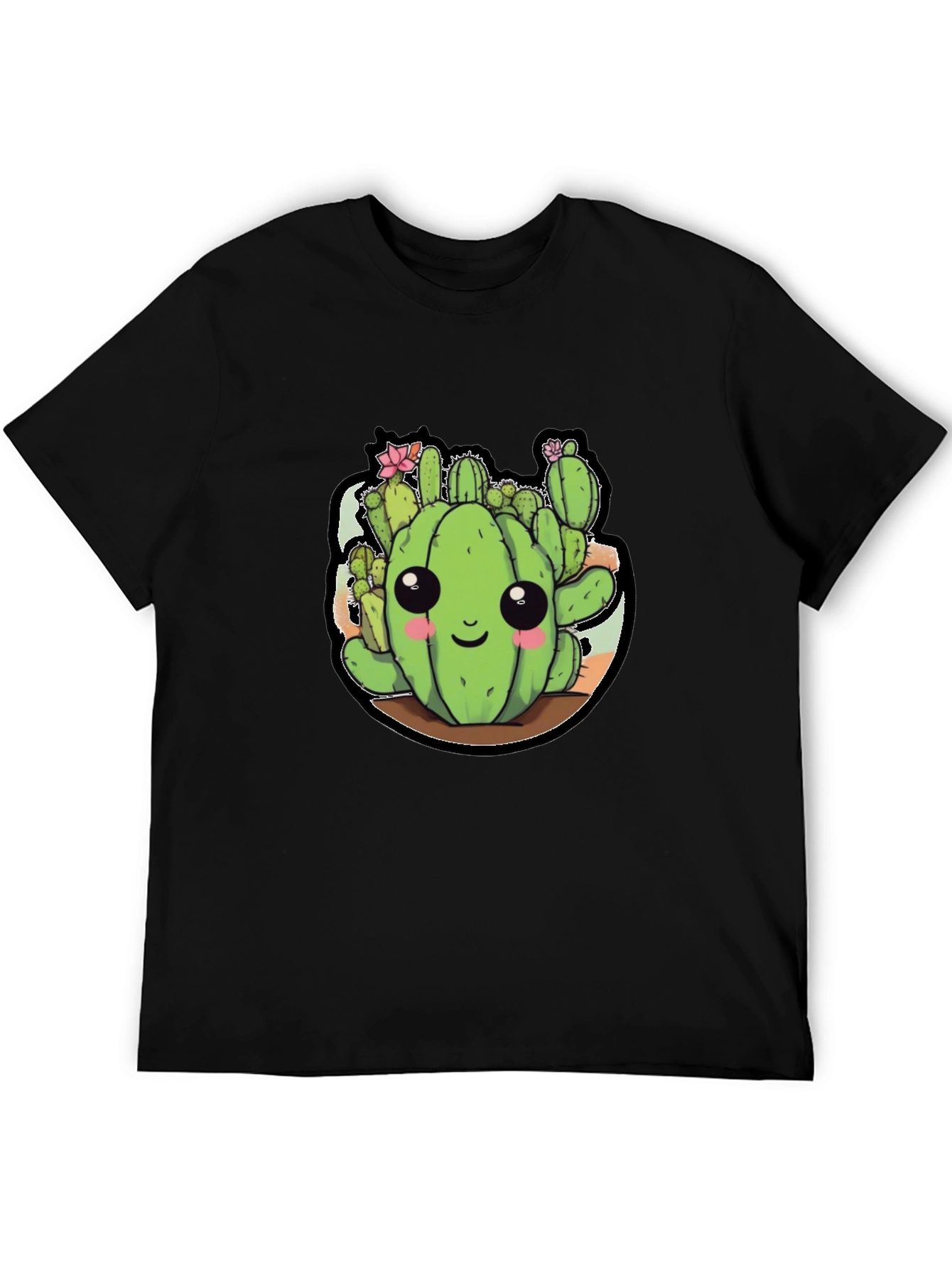 Cute Cactus Cartoon Black T-Shirt