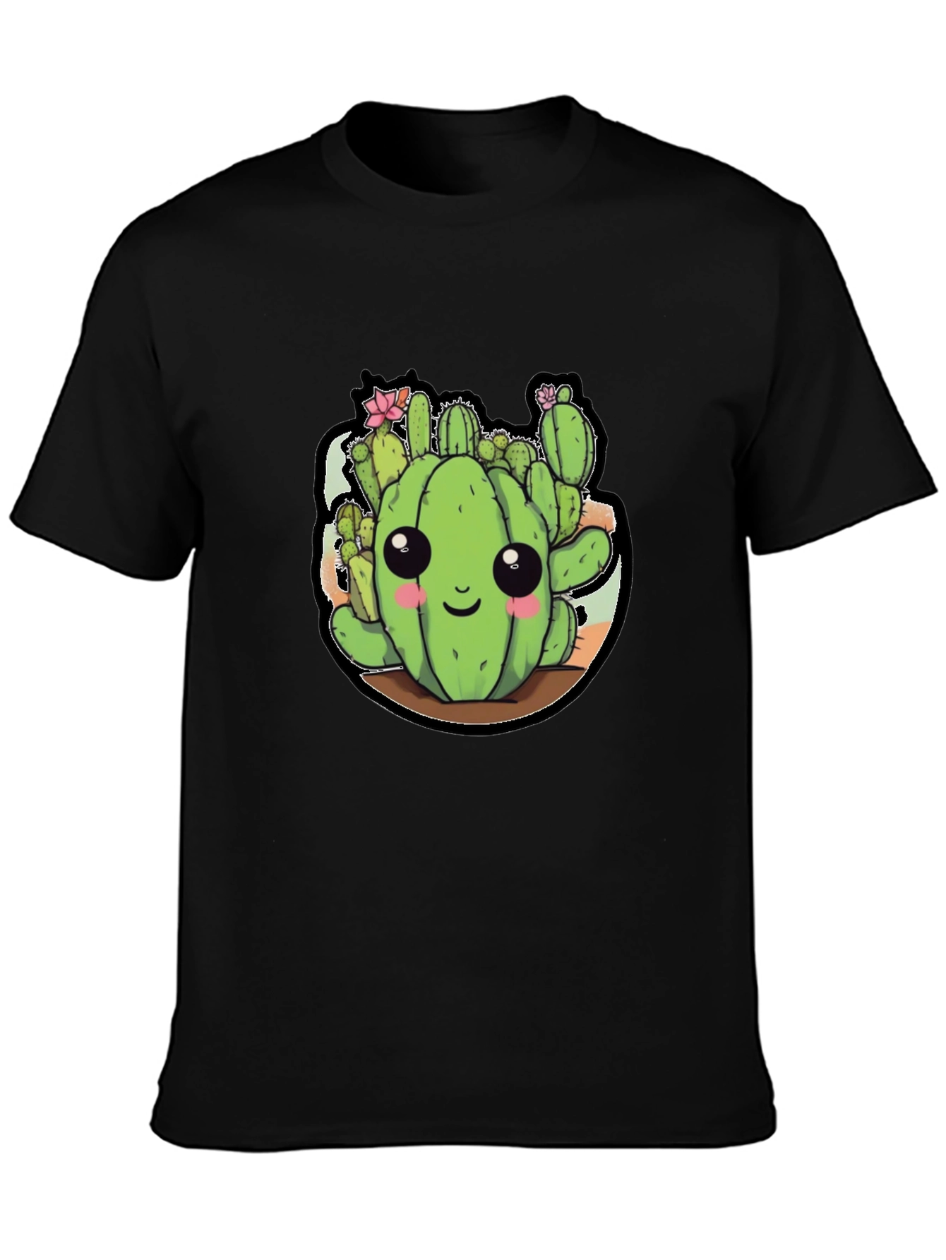 Cute Cactus Cartoon Black T-Shirt
