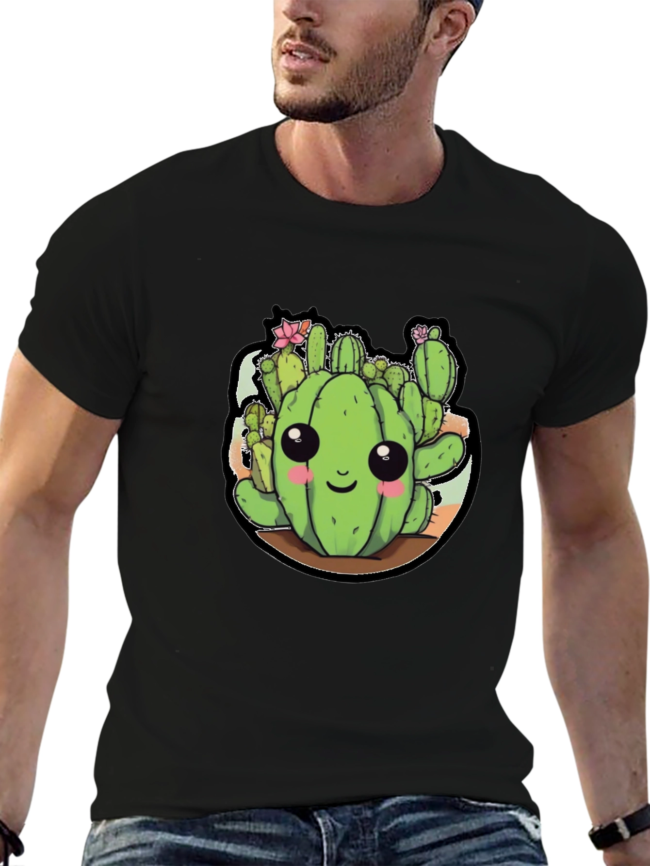 Cute Cactus Cartoon Black T-Shirt