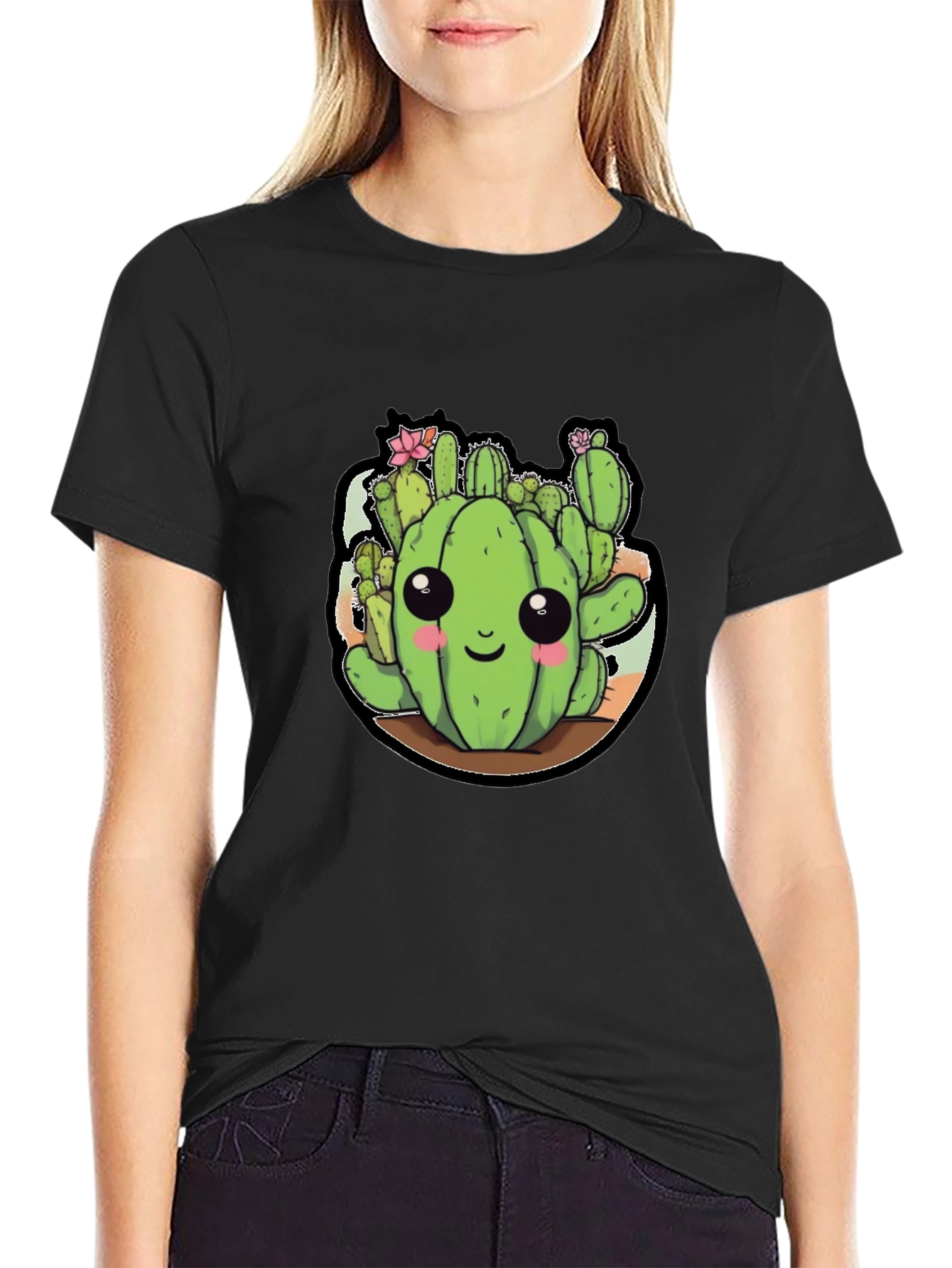 Cute Cactus Cartoon Black T-Shirt