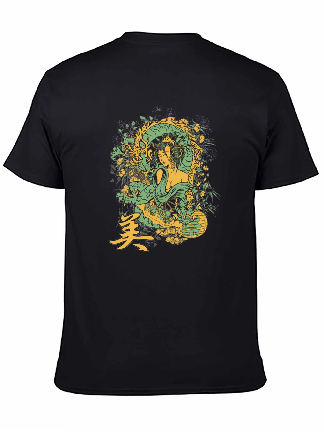 Geisha Dragon Graphic Tee - Black Cotton T-Shirt