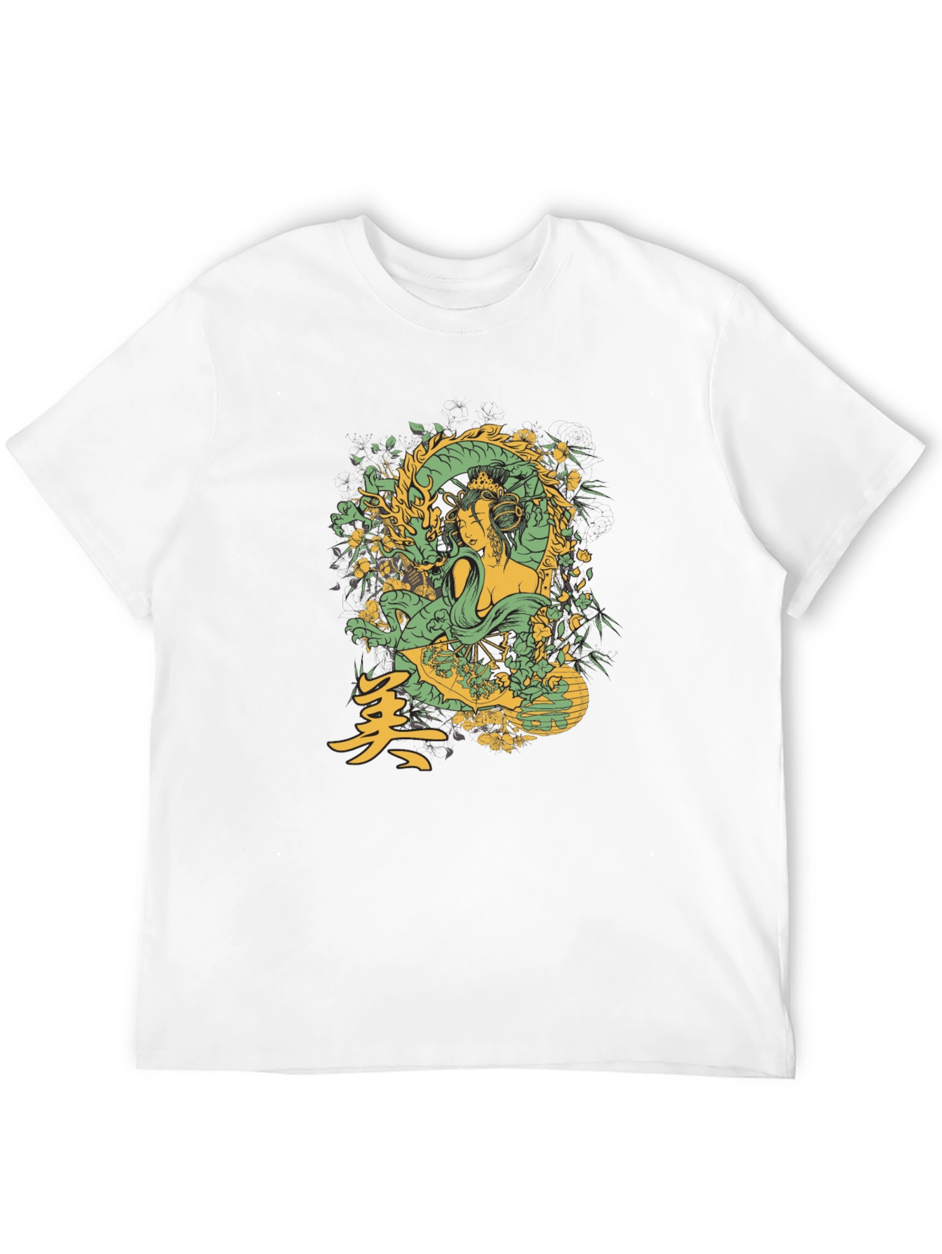Geisha Dragon Graphic Tee - Black Cotton T-Shirt